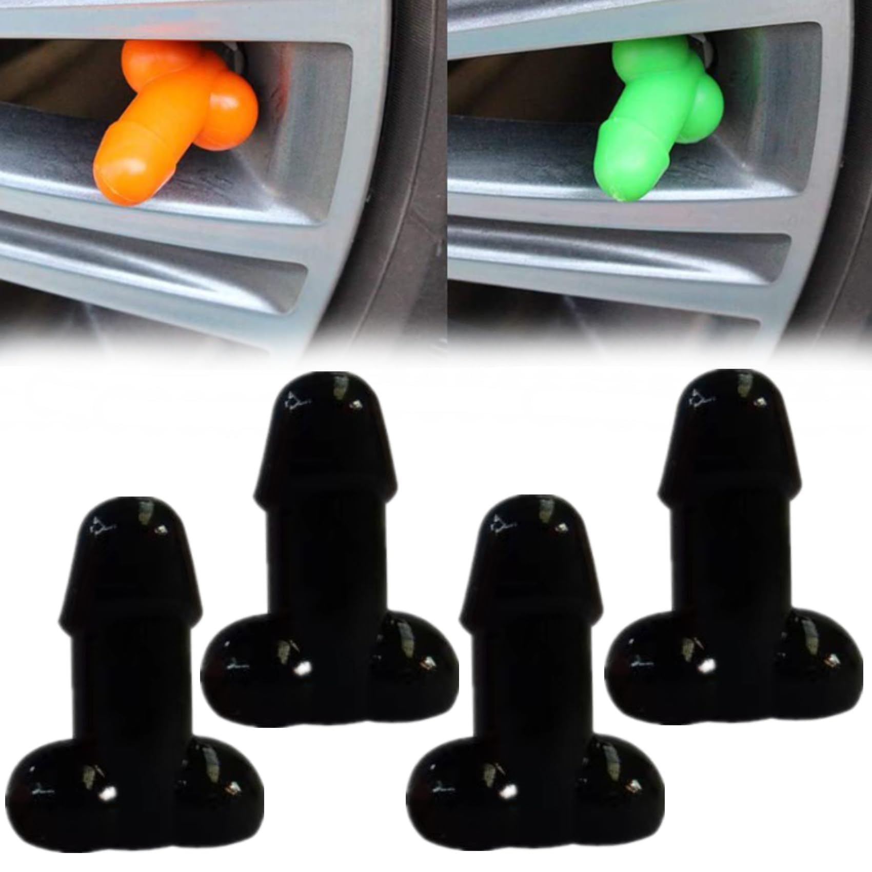 Funny Penis Valve Stem Caps 4 Stück Reifenventilkappen Ventilkappen Autoventil Streich Penisförmige TPR Anti-Staub Luftdichte Reifenkappe für Autos LKWs Fahrräder Motorräder (Schwarz) von EHOTER