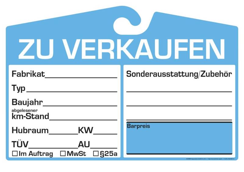 EICHNER 25x KFZ-Verkaufsschild, Universelle Passform, Innenspiegelhalterung, Blau, Rund, 345 mm x 445 mm, Kunststoff, Flach, Universal, Fahrzeugspiegel von Eichner