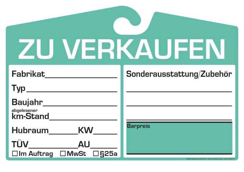 25x KFZ-Verkaufsschild zur Befestigung am Innenspiegel (grün, analoge Anzeige) von EICHNER