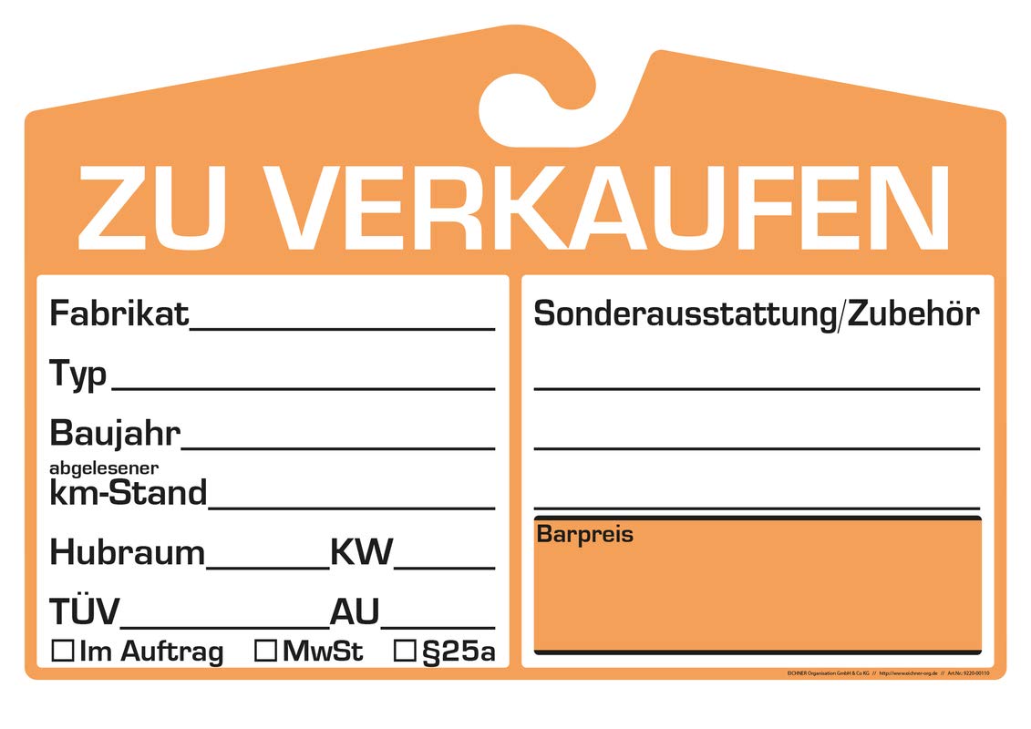 25x KFZ-Verkaufsschild zur Befestigung am Innenspiegel (orange, analoge Anzeige) von EICHNER