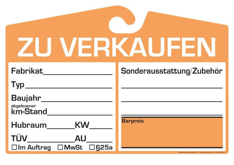 25x KFZ-Verkaufsschild zur Befestigung am Innenspiegel (orange, analoge Anzeige) von EICHNER