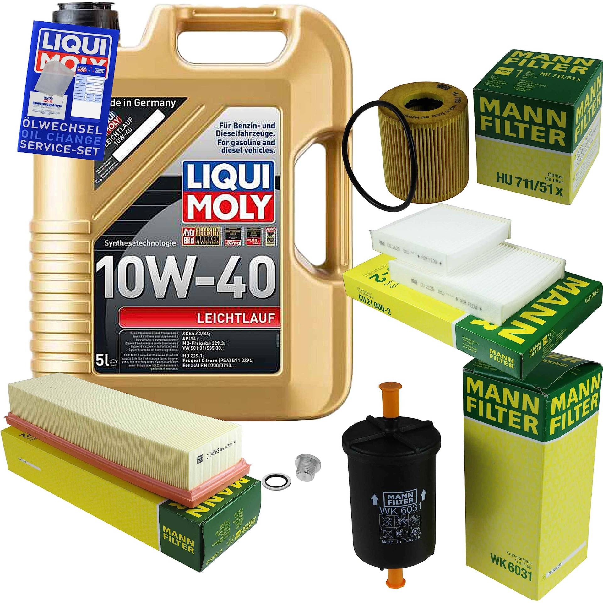 EISENFELS Filter Set Inspektionspaket erstellt mit 5 L Motoröl Liqui Moly 10W-40 Leichtlauf, MANN-FILTER Ölfilter, Luftfilter, Kraftstofffilter, Innenraumfilter, Verschlussschraube EISENFELS Filter Set Inspektionspaket erstellt mit 5 L Motoröl Liqui Moly 10W-40 Leichtlauf, MANN-FILTER Ölfilter, Luftfilter, Kraftstofffilter, Innenraumfilter, Verschlussschraube von EISENFELS