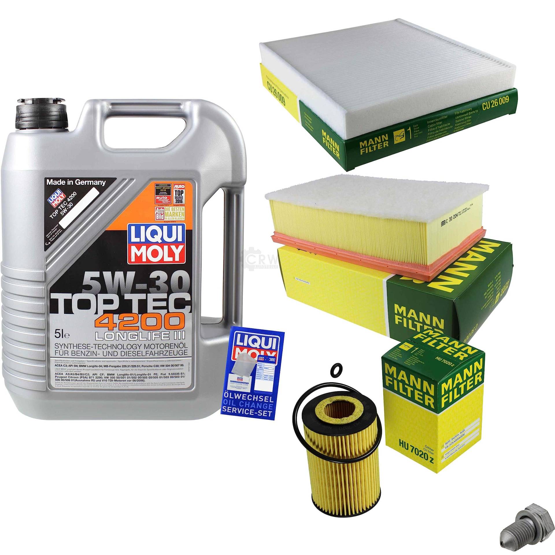 EISENFELS Filter Set Inspektionspaket erstellt mit 5 L Motoröl Liqui Moly 5W-30 Top Tec 4200, MANN-FILTER Ölfilter, Luftfilter, Innenraumfilter, Verschlussschraube EISENFELS Filter Set Inspektionspaket erstellt mit 5 L Motoröl Liqui Moly 5W-30 Top Tec 4200, MANN-FILTER Ölfilter, Luftfilter, Innenraumfilter, Verschlussschraube von EISENFELS