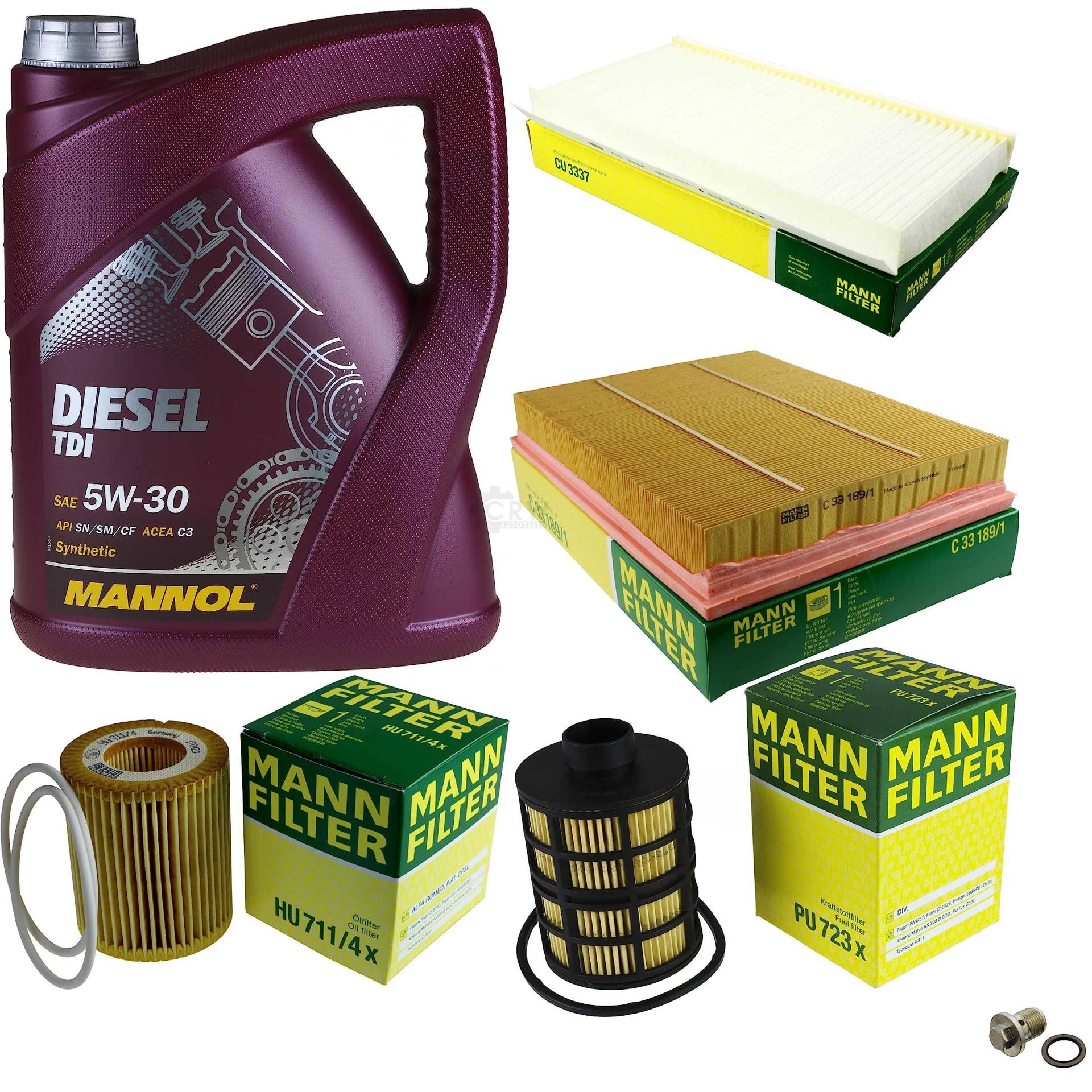 EISENFELS Filter Set Inspektionspaket erstellt mit 5 L Motoröl MANNOL Diesel TDI 5W-30, MANN-FILTER Ölfilter, Luftfilter, Innenraumfilter, Kraftstofffilter, Verschlussschraube von EISENFELS