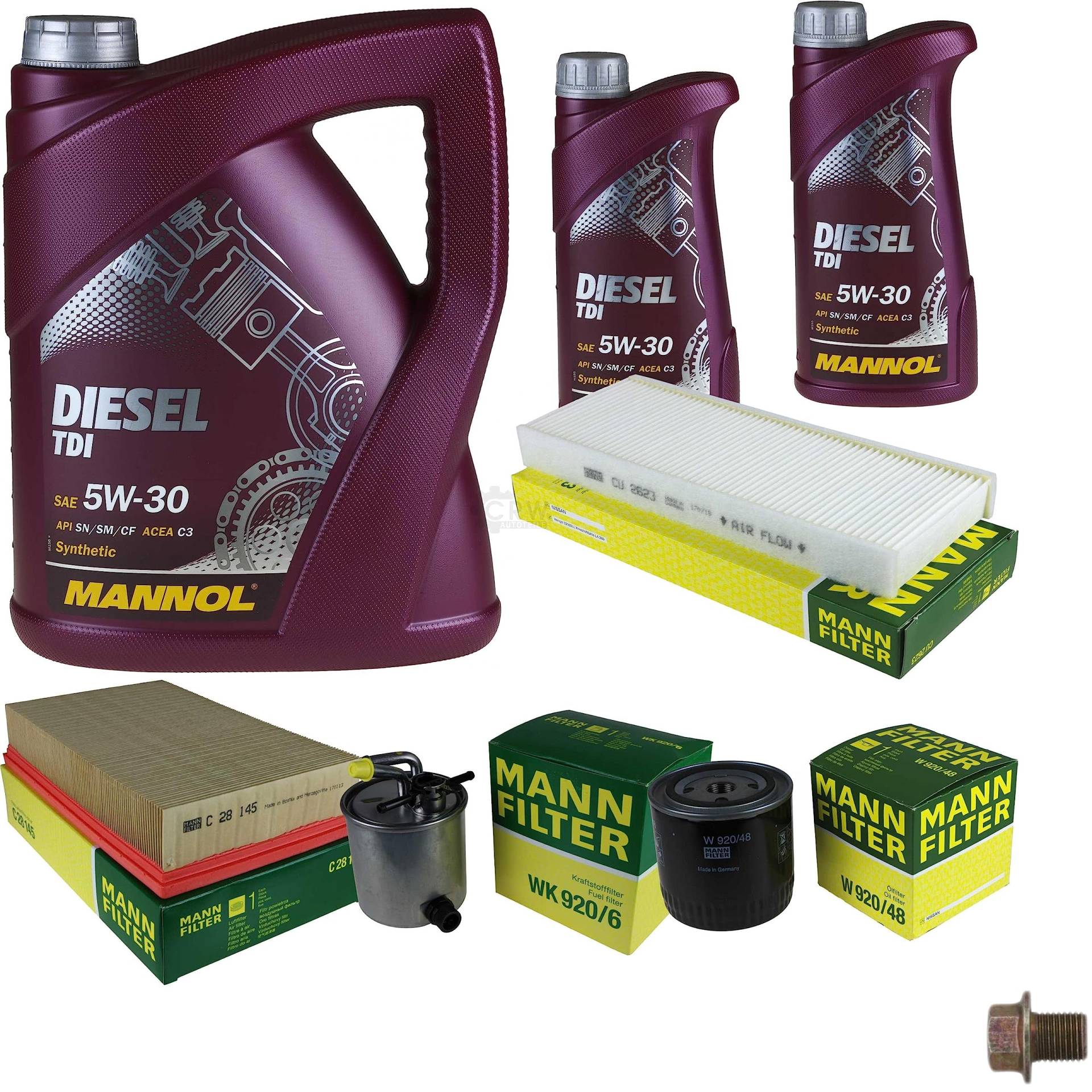 EISENFELS Filter Set Inspektionspaket erstellt mit 7 L Motoröl MANNOL Diesel TDI 5W-30, MANN-FILTER Ölfilter, Luftfilter, Kraftstofffilter, Innenraumfilter, Dichtring von EISENFELS