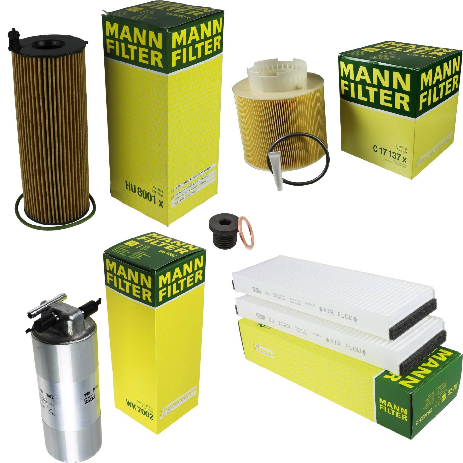 EISENFELS Filter Set Inspektionspaket erstellt mit MANN-FILTER Ölfilter HU 8001 x, Luftfilter C 17 137 x, Kraftstofffilter WK 7002, Innenraumfilter CU 3023-2, Verschlussschraube von EISENFELS