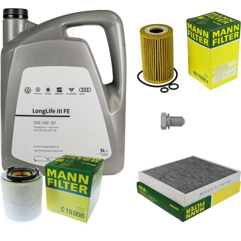 Inspektionspaket Wartungspaket Filterset mit 5 L 0W-30 Motoröl LongLife 3 FE, Ölfilter Luftfilter Innenraumfilter (Aktivkohle) Ölablassschraube von EISENFELS