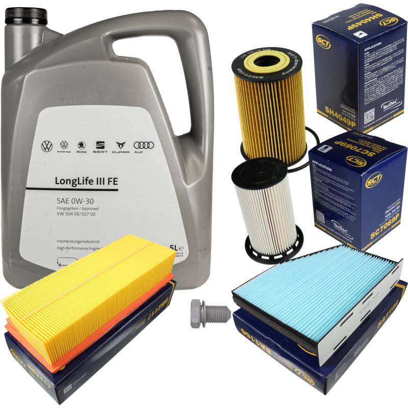 Inspektionspaket Wartungspaket Filterset mit 5 L 0W-30 Motoröl LongLife 3 FE, Ölfilter Luftfilter Kraftstofffilter Innenraumfilter Ölablassschraube von EISENFELS