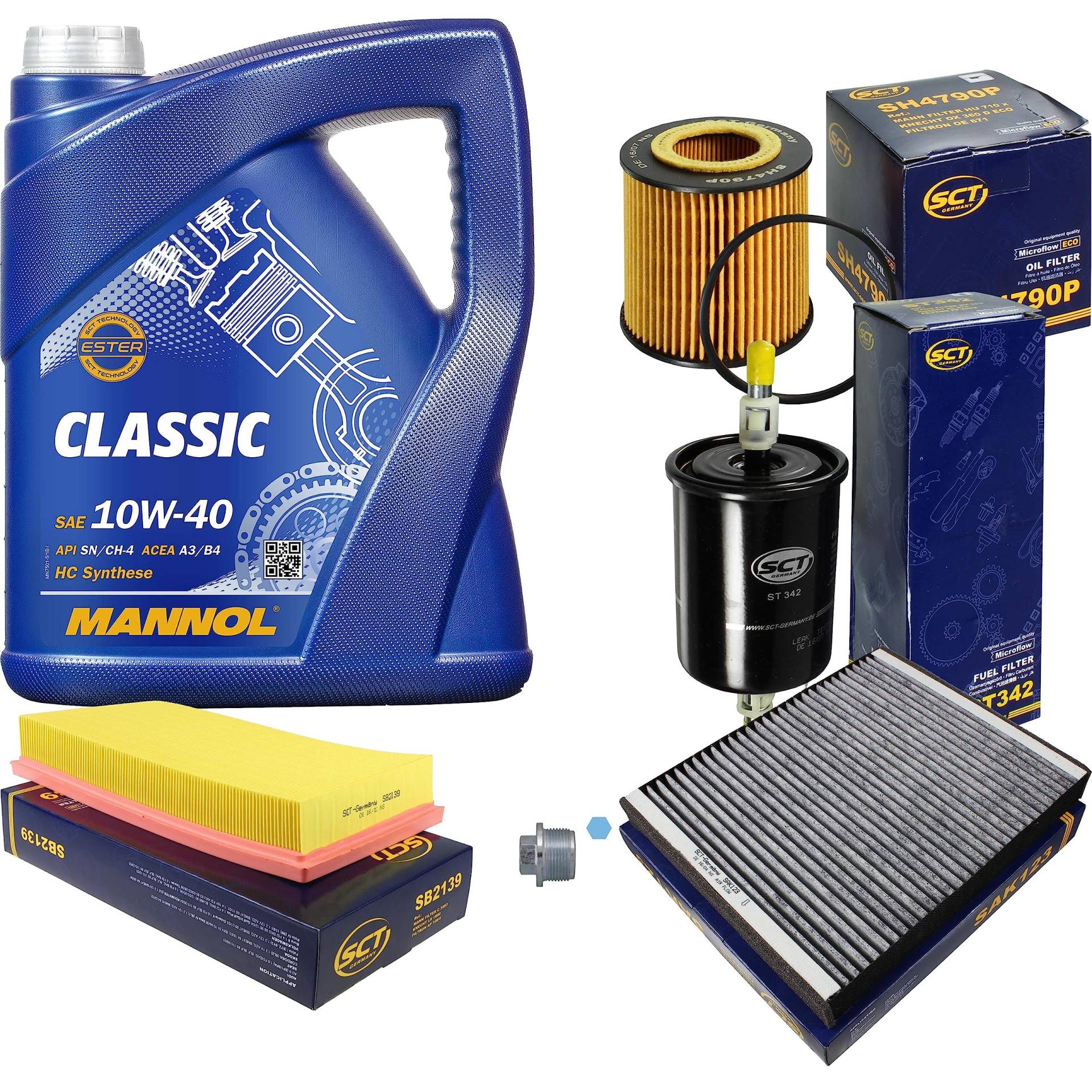 Inspektionspaket Wartungspaket Filterset mit 5 L Motoröl Classic 10W-40, Ölfilter, Luftfilter, Kraftstofffilter, Innenraumfilter (Aktivkohle), Verschlussschraube von EISENFELS