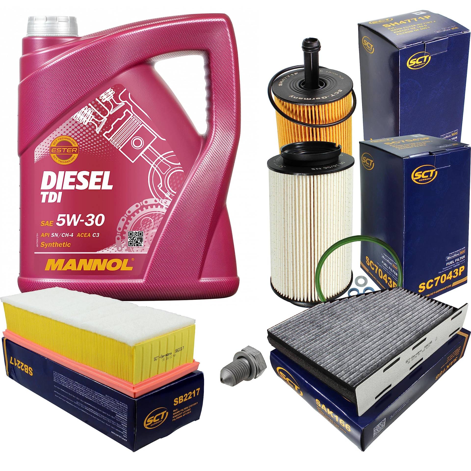 Inspektionspaket Wartungspaket Filterset mit 5 L Motoröl Diesel TDI 5W-30, Ölfilter, Luftfilter, Kraftstofffilter, Innenraumfilter (Aktivkohle), Verschlussschraube von EISENFELS