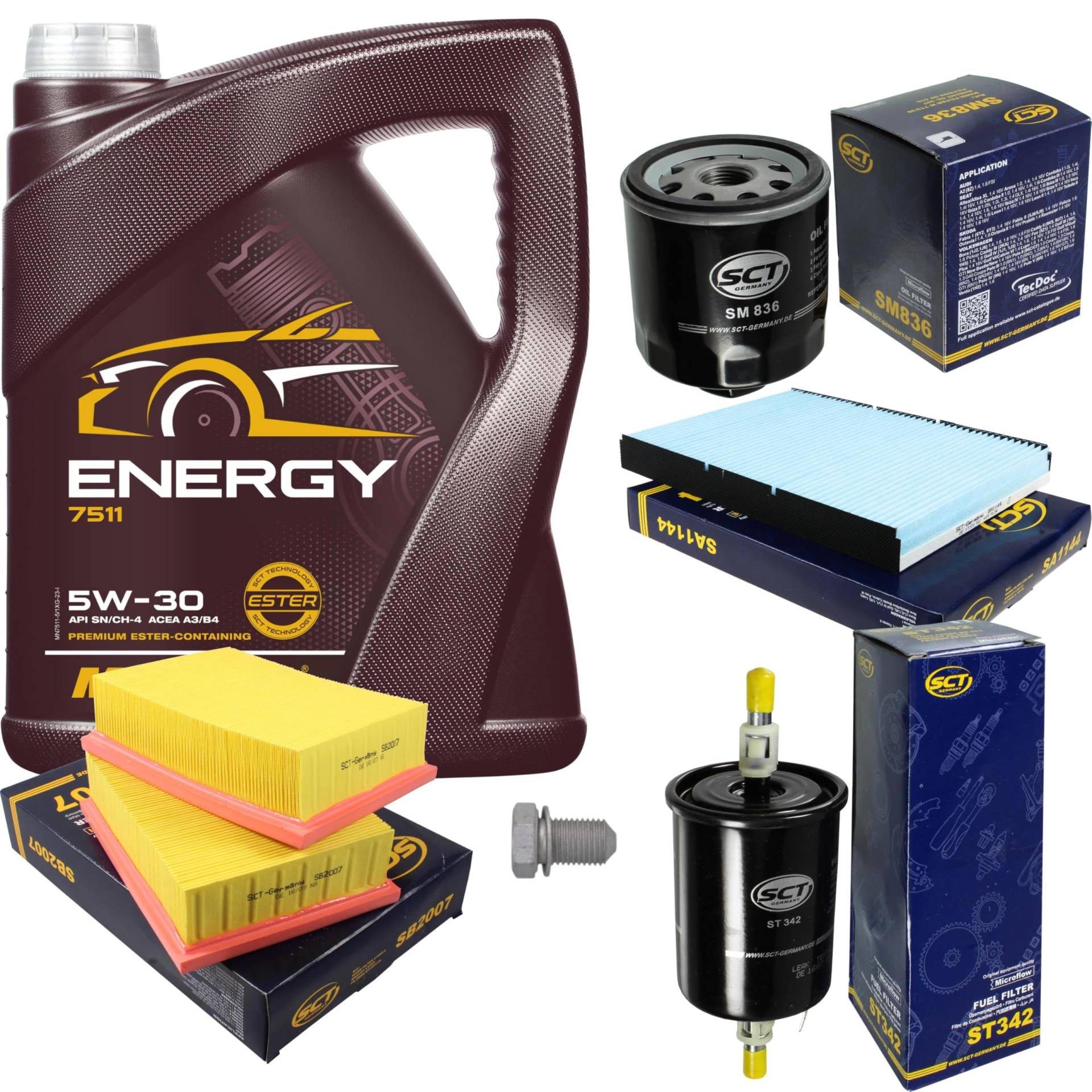 Inspektionspaket Wartungspaket Filterset mit 5 L Motoröl Energy 5W-30, Ölfilter, Luftfilter, Kraftstofffilter, Innenraumfilter, Verschlussschraube Inspektionspaket Wartungspaket Filterset mit 5 L Motoröl Energy 5W-30, Ölfilter, Luftfilter, Kraftstofffilter, Innenraumfilter, Verschlussschraube von EISENFELS