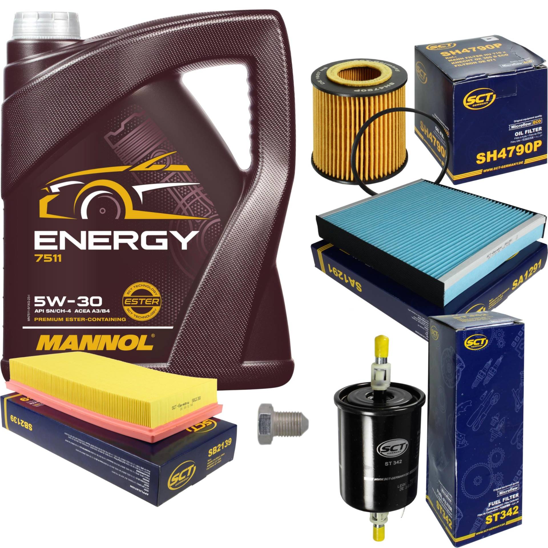 Inspektionspaket Wartungspaket Filterset mit 5 L Motoröl Energy 5W-30, Ölfilter, Luftfilter, Kraftstofffilter, Innenraumfilter, Verschlussschraube Inspektionspaket Wartungspaket Filterset mit 5 L Motoröl Energy 5W-30, Ölfilter, Luftfilter, Kraftstofffilter, Innenraumfilter, Verschlussschraube von EISENFELS