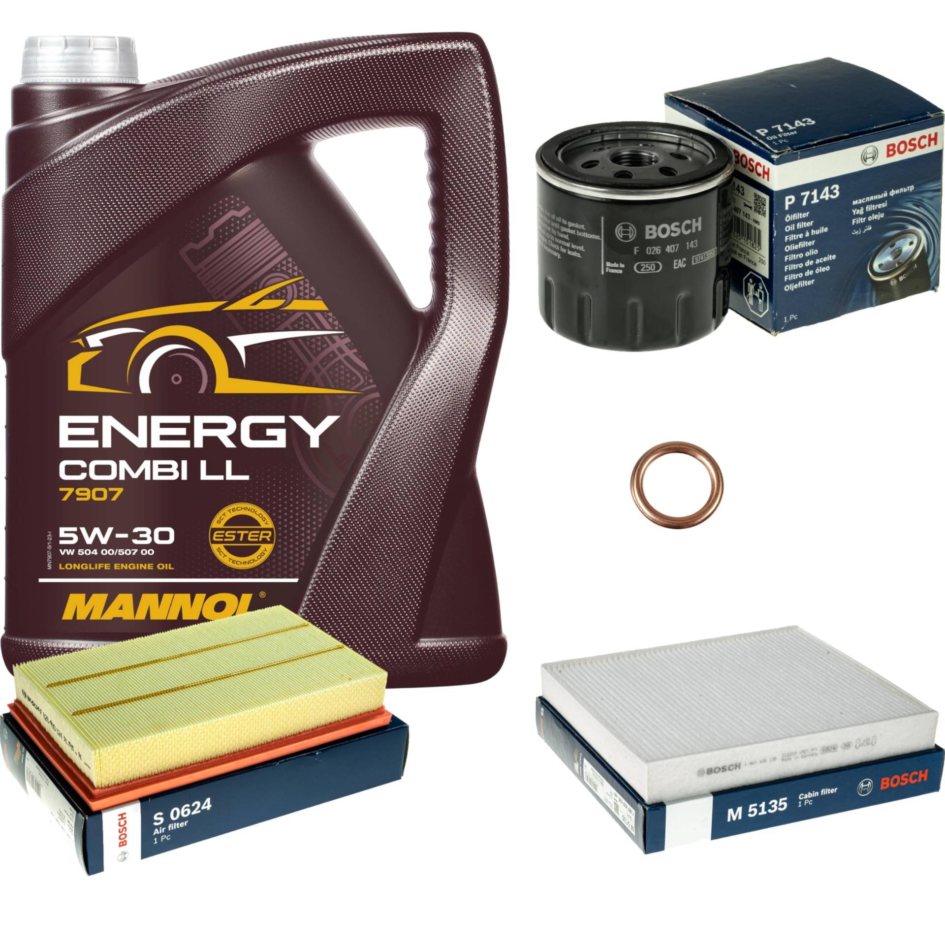 Inspektionspaket Wartungspaket Filterset mit 5 L Motoröl Energy Combi LL 5W-30, Ölfilter, Luftfilter, Innenraumfilter, Dichtring Inspektionspaket Wartungspaket Filterset mit 5 L Motoröl Energy Combi LL 5W-30, Ölfilter, Luftfilter, Innenraumfilter, Dichtring von EISENFELS