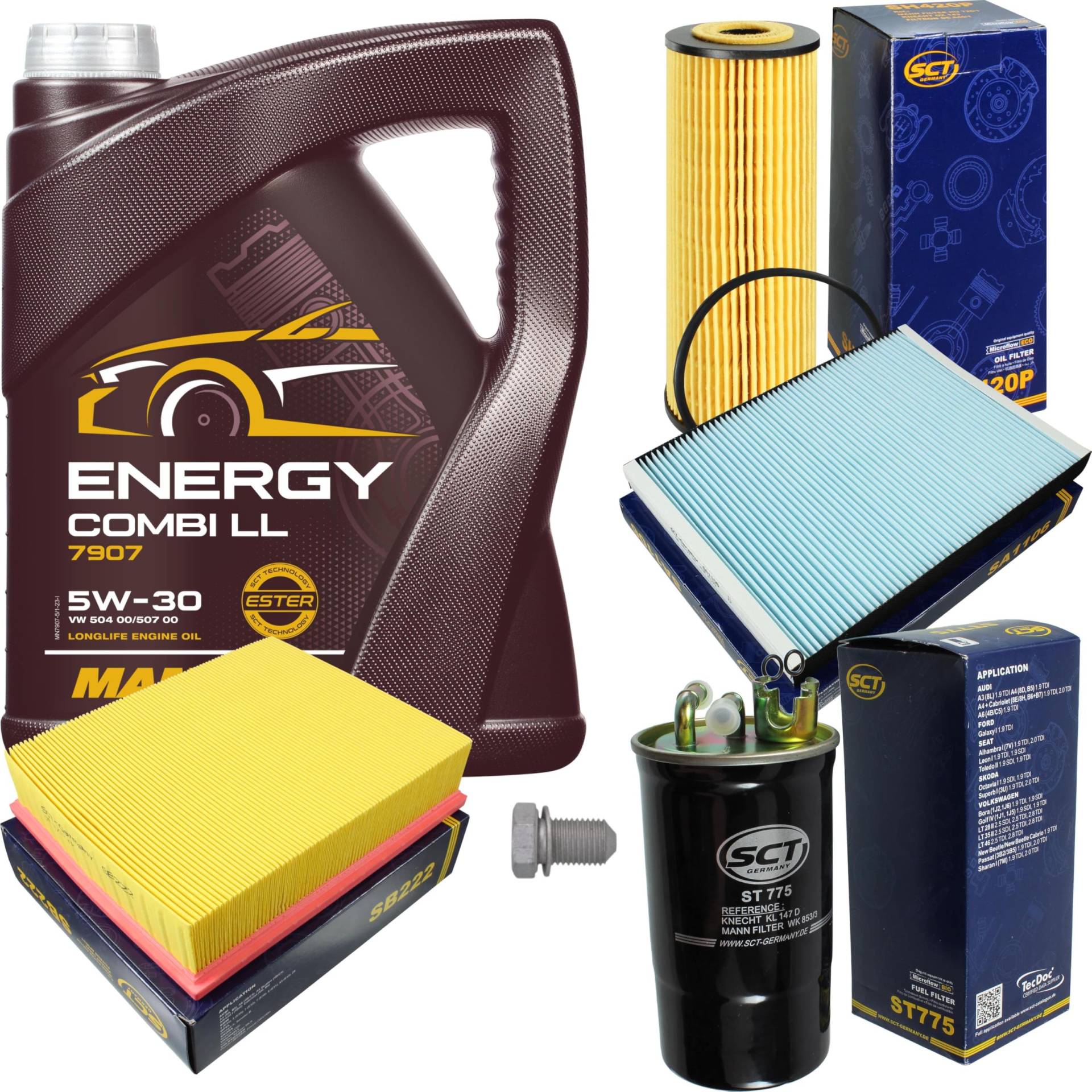 Inspektionspaket Wartungspaket Filterset mit 5 L Motoröl Energy Combi LL 5W-30, Ölfilter, Luftfilter, Kraftstofffilter, Innenraumfilter, Verschlussschraube Inspektionspaket Wartungspaket Filterset mit 5 L Motoröl Energy Combi LL 5W-30, Ölfilter, Luftfilter, Kraftstofffilter, Innenraumfilter, Verschlussschraube von EISENFELS