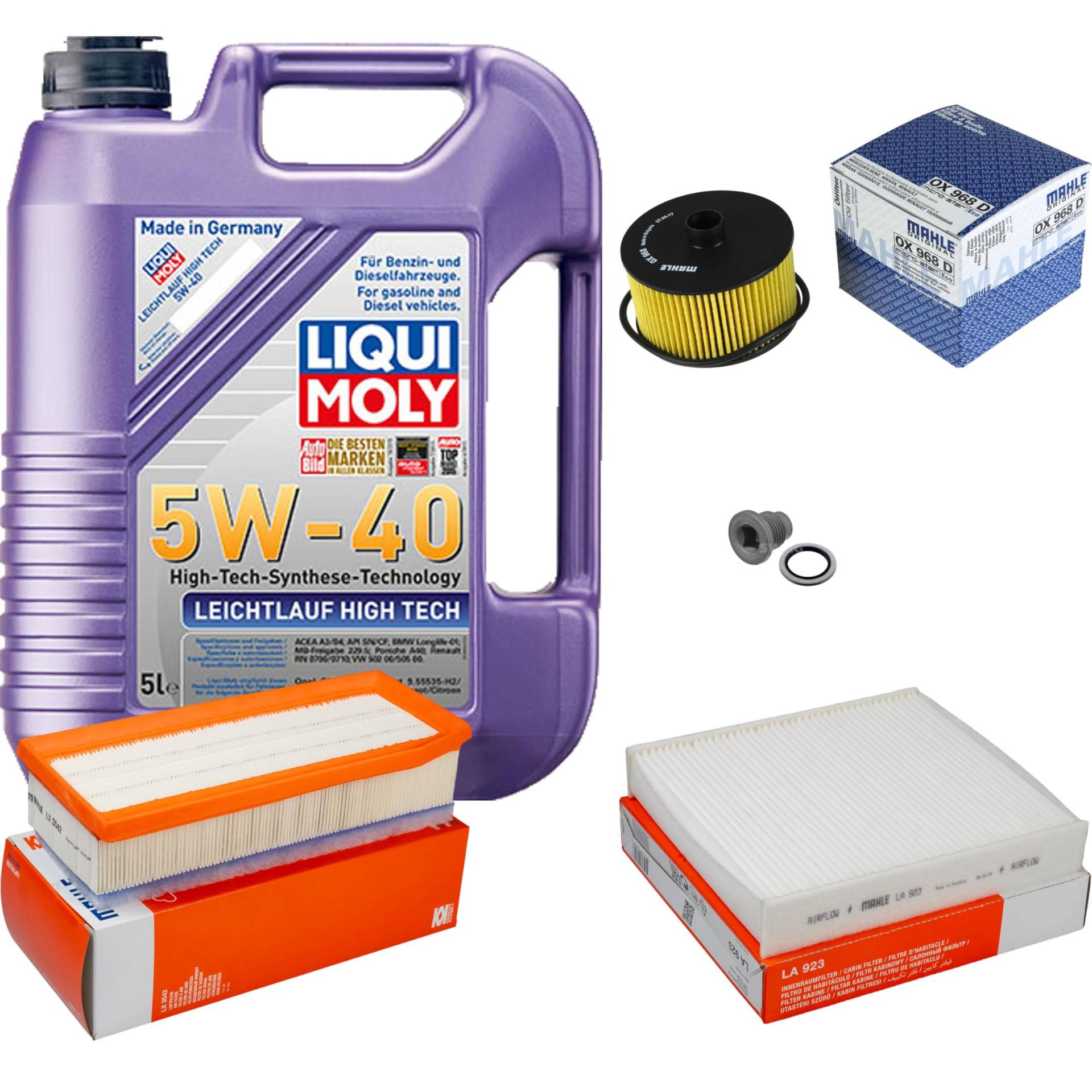 Inspektionspaket Wartungspaket Filterset mit 5 L Motoröl Leichtlauf High Tech 5W-40, Ölfilter, Luftfilter, Innenraumfilter, Verschlussschraube Inspektionspaket Wartungspaket Filterset mit 5 L Motoröl Leichtlauf High Tech 5W-40, Ölfilter, Luftfilter, Innenraumfilter, Verschlussschraube von EISENFELS