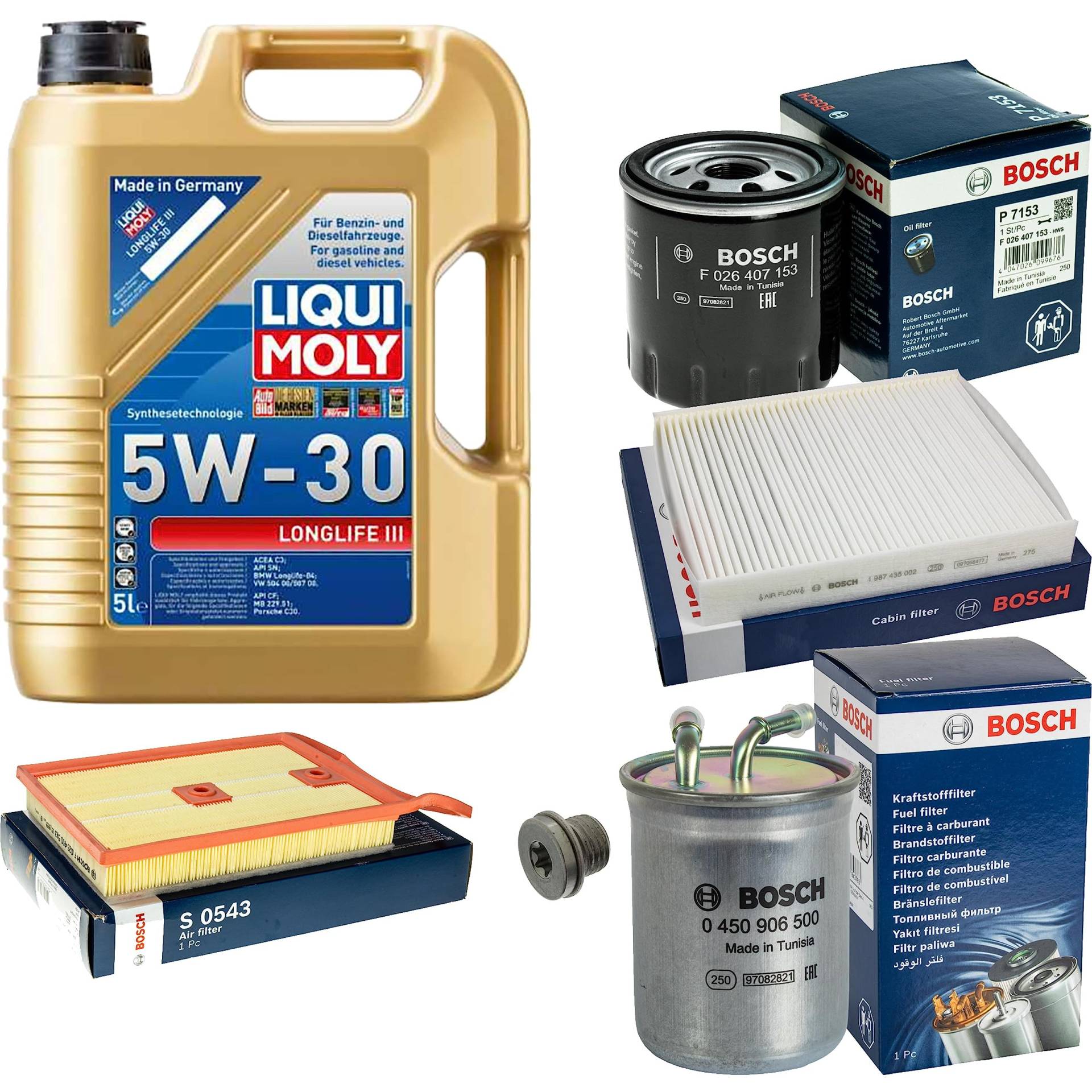Inspektionspaket Wartungspaket Filterset mit 5 L Motoröl Longlife 3 5W-30, Ölfilter, Innenraumfilter, Luftfilter, Kraftstofffilter, Verschlussschraube Inspektionspaket Wartungspaket Filterset mit 5 L Motoröl Longlife 3 5W-30, Ölfilter, Innenraumfilter, Luftfilter, Kraftstofffilter, Verschlussschraube von EISENFELS
