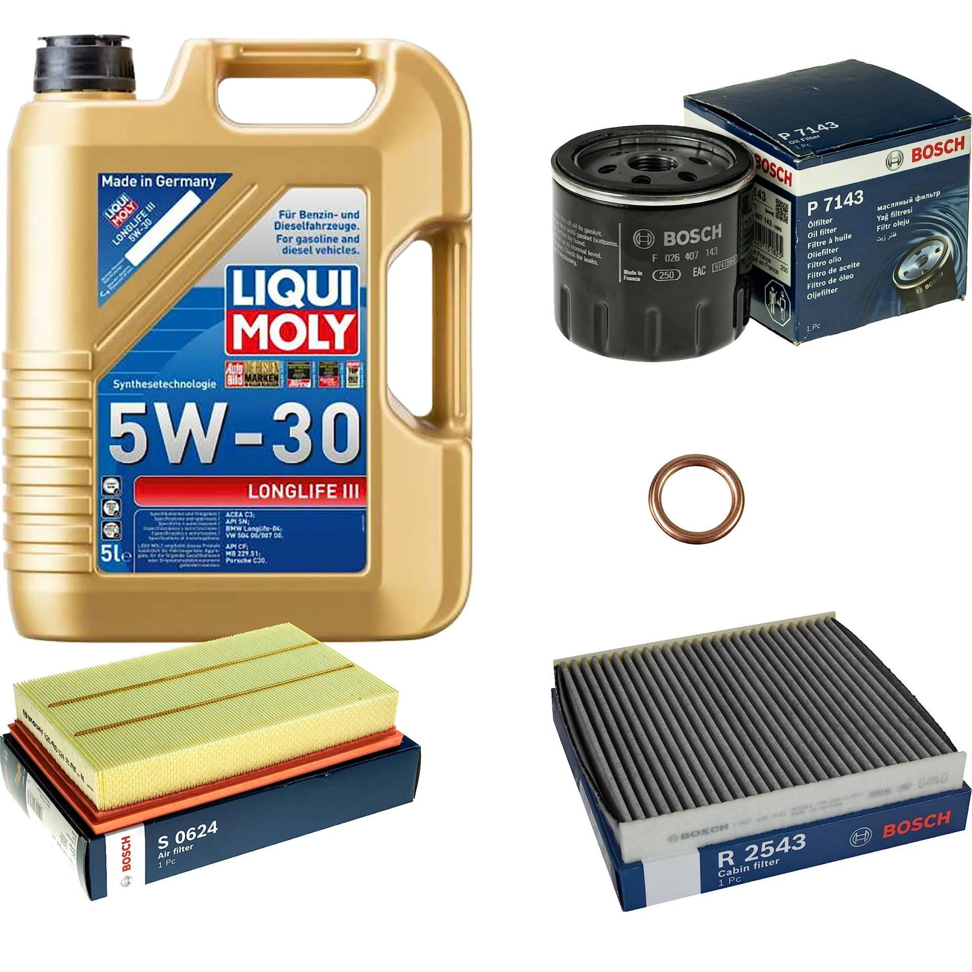 Inspektionspaket Wartungspaket Filterset mit 5 L Motoröl Longlife 3 5W-30, Ölfilter, Luftfilter, Innenraumfilter (Aktivkohle), Dichtring von EISENFELS