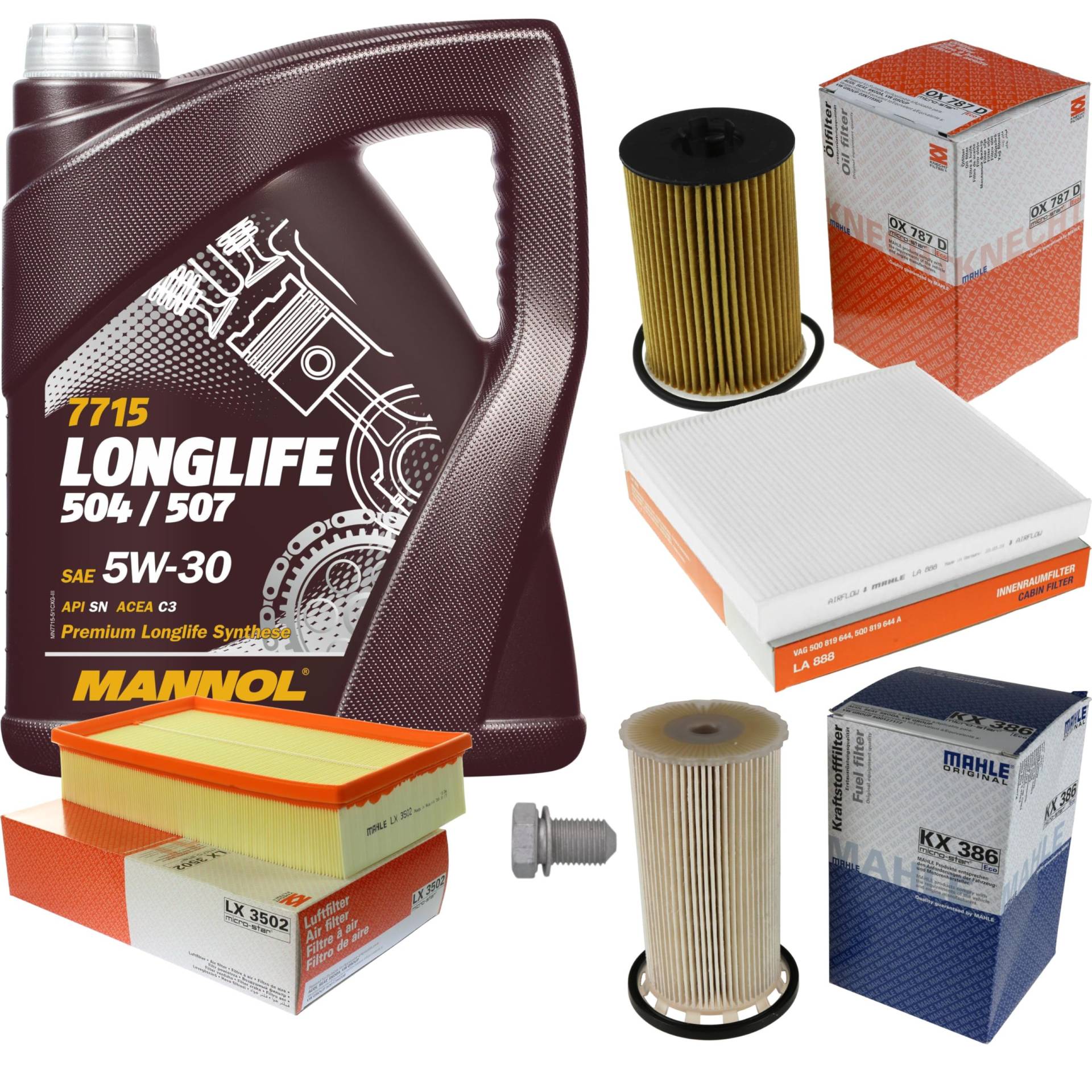 Inspektionspaket Wartungspaket Filterset mit 5 L Motoröl Longlife 5W-30, Ölfilter, Luftfilter, Kraftstofffilter, Innenraumfilter, Verschlussschraube Inspektionspaket Wartungspaket Filterset mit 5 L Motoröl Longlife 5W-30, Ölfilter, Luftfilter, Kraftstofffilter, Innenraumfilter, Verschlussschraube von EISENFELS