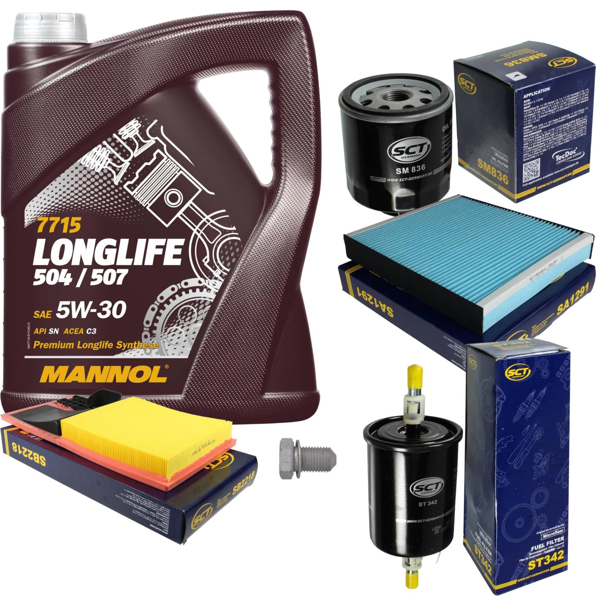 Inspektionspaket Wartungspaket Filterset mit 5 L Motoröl Longlife 5W-30, Ölfilter, Luftfilter, Kraftstofffilter, Innenraumfilter, Verschlussschraube Inspektionspaket Wartungspaket Filterset mit 5 L Motoröl Longlife 5W-30, Ölfilter, Luftfilter, Kraftstofffilter, Innenraumfilter, Verschlussschraube von EISENFELS