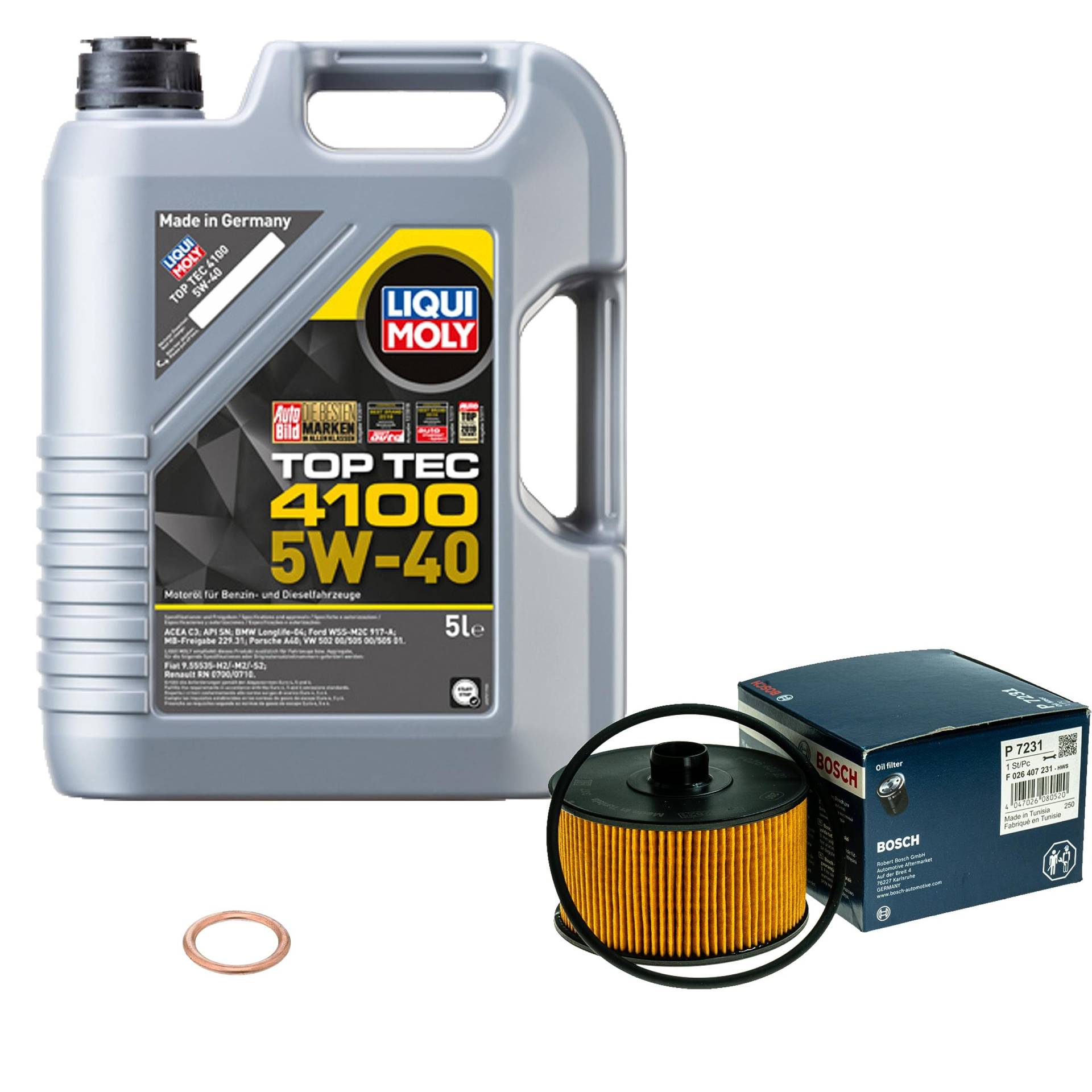 Inspektionspaket Wartungspaket Filterset mit 5 L Motoröl Top Tec 4100 5W-40, Ölfilter, Dichtring von EISENFELS