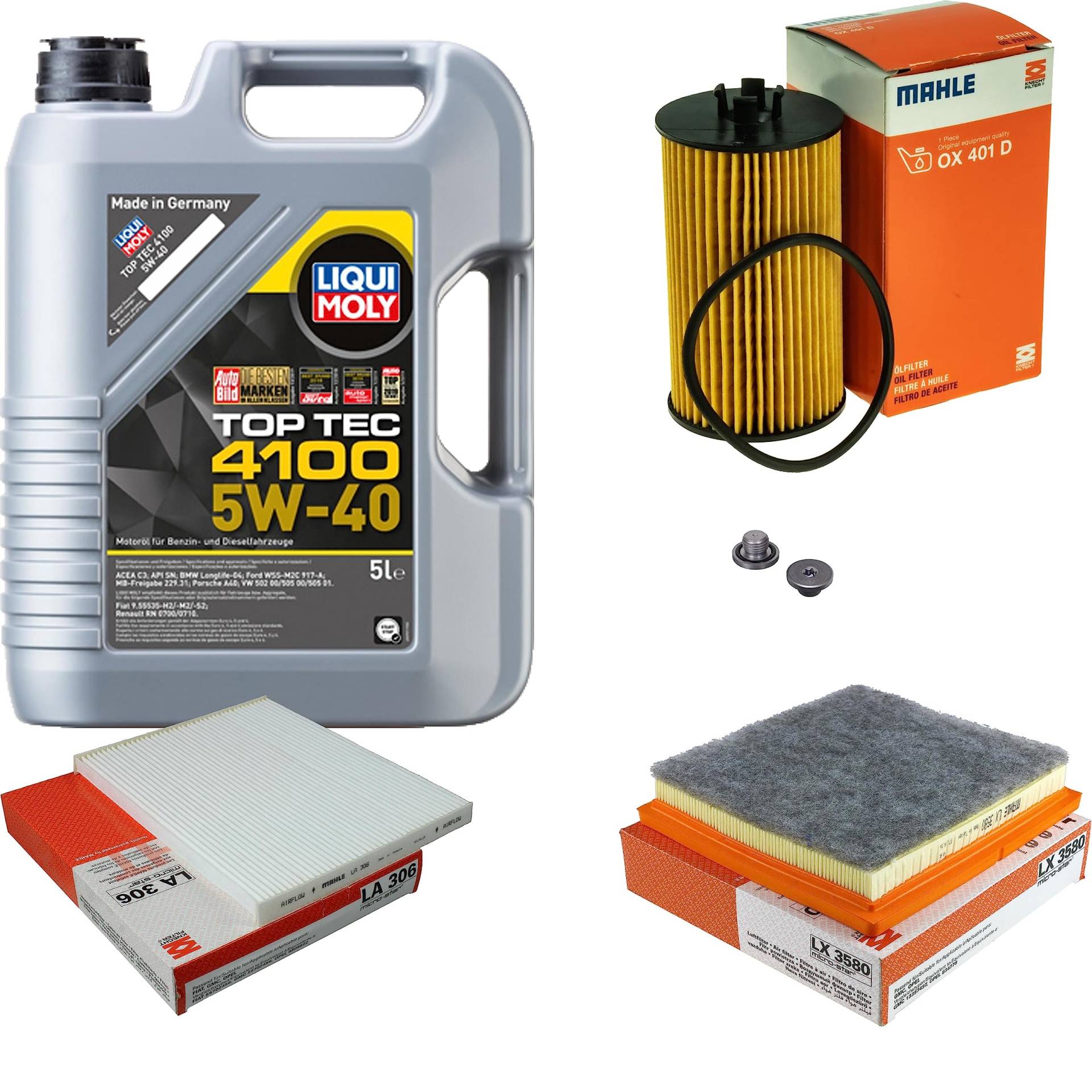 Inspektionspaket Wartungspaket Filterset mit 5 L Motoröl Top Tec 4100 5W-40, Ölfilter, Luftfilter, Innenraumfilter, Verschlussschraube Inspektionspaket Wartungspaket Filterset mit 5 L Motoröl Top Tec 4100 5W-40, Ölfilter, Luftfilter, Innenraumfilter, Verschlussschraube von EISENFELS