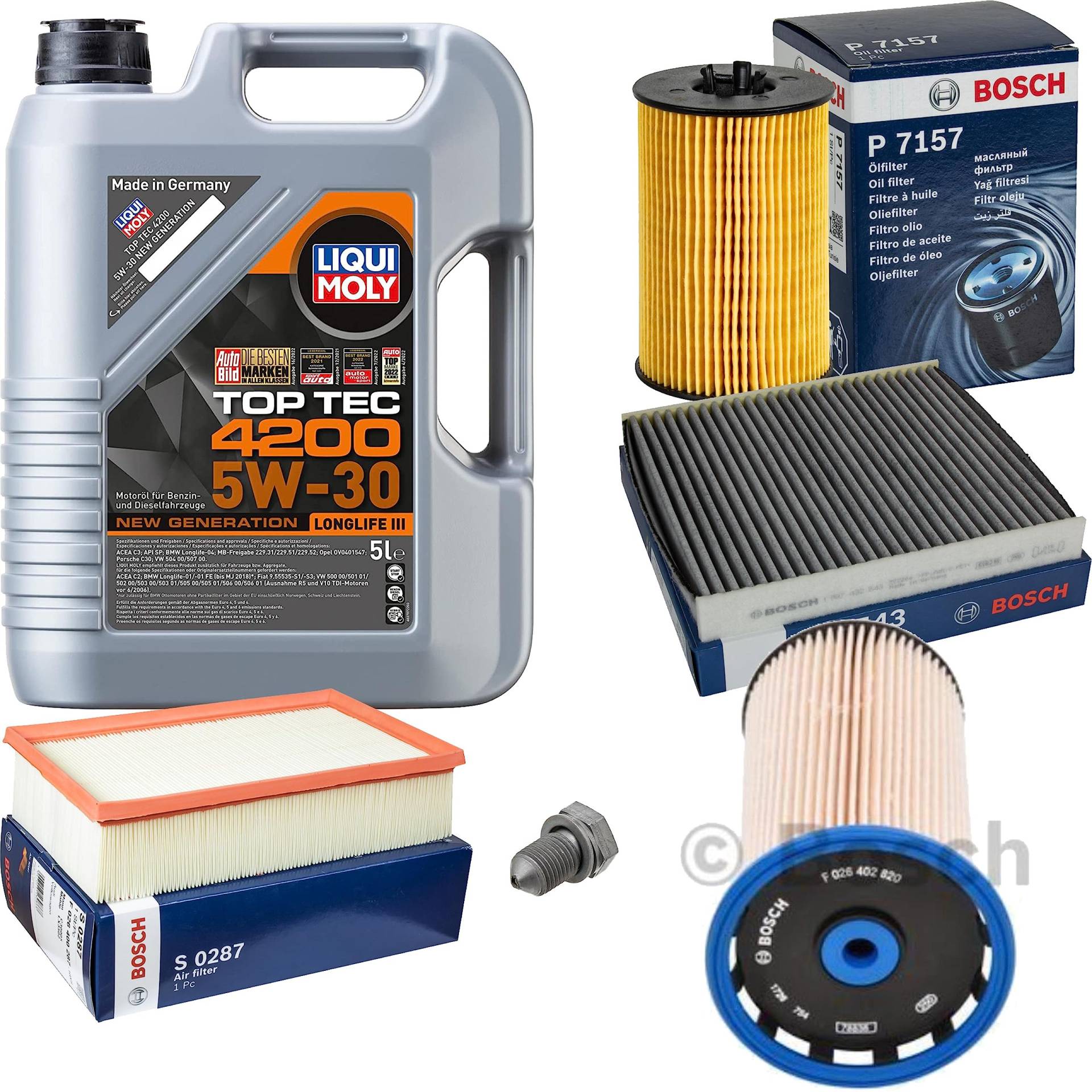Inspektionspaket Wartungspaket Filterset mit 5 L Motoröl Top Tec 4200 5W-30, Ölfilter, Innenraumfilter (Aktivkohle), Luftfilter, Kraftstofffilter, Verschlussschraube von EISENFELS