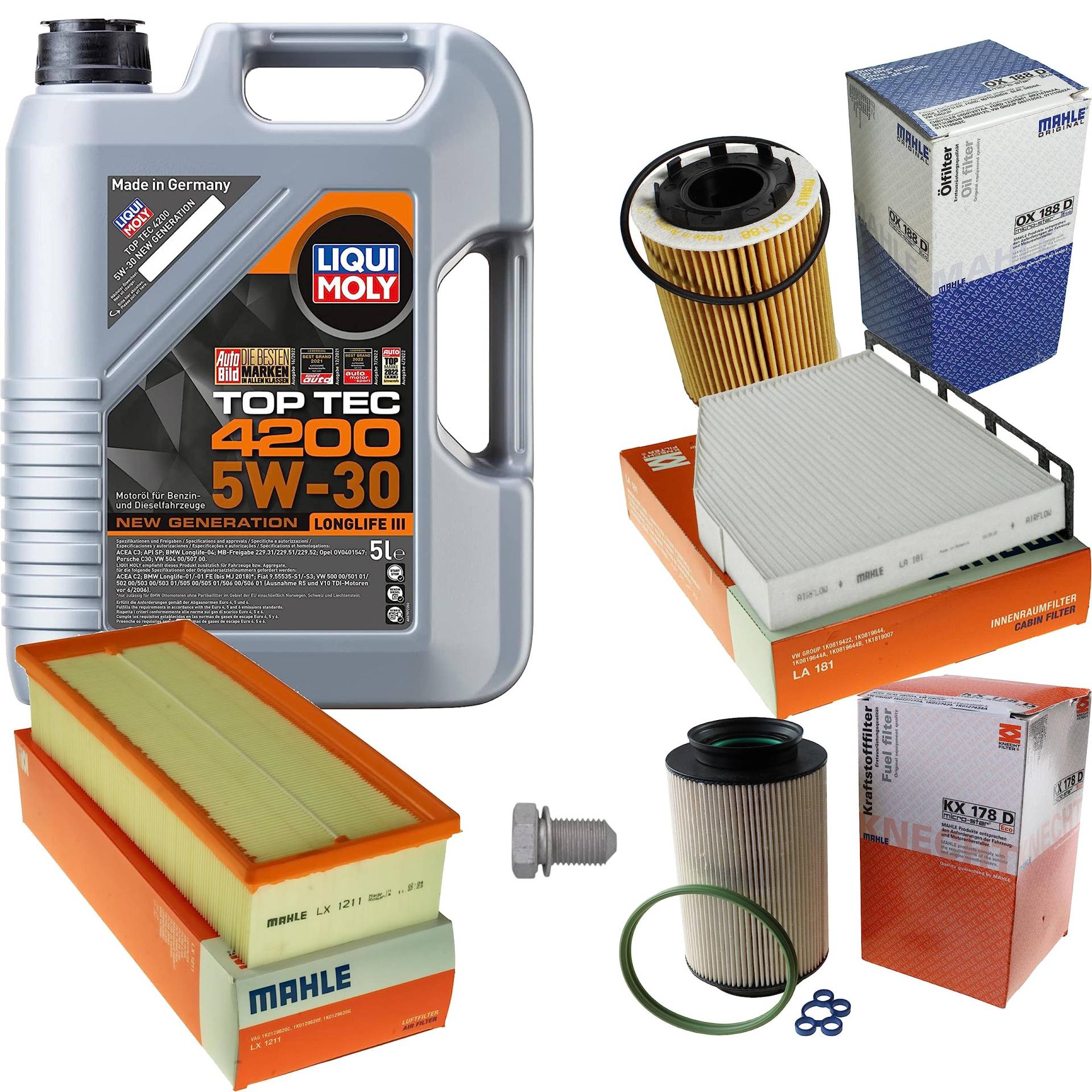 Inspektionspaket Wartungspaket Filterset mit 5 L Motoröl Top Tec 4200 5W-30, Ölfilter, Luftfilter, Kraftstofffilter, Innenraumfilter, Verschlussschraube Inspektionspaket Wartungspaket Filterset mit 5 L Motoröl Top Tec 4200 5W-30, Ölfilter, Luftfilter, Kraftstofffilter, Innenraumfilter, Verschlussschraube von EISENFELS