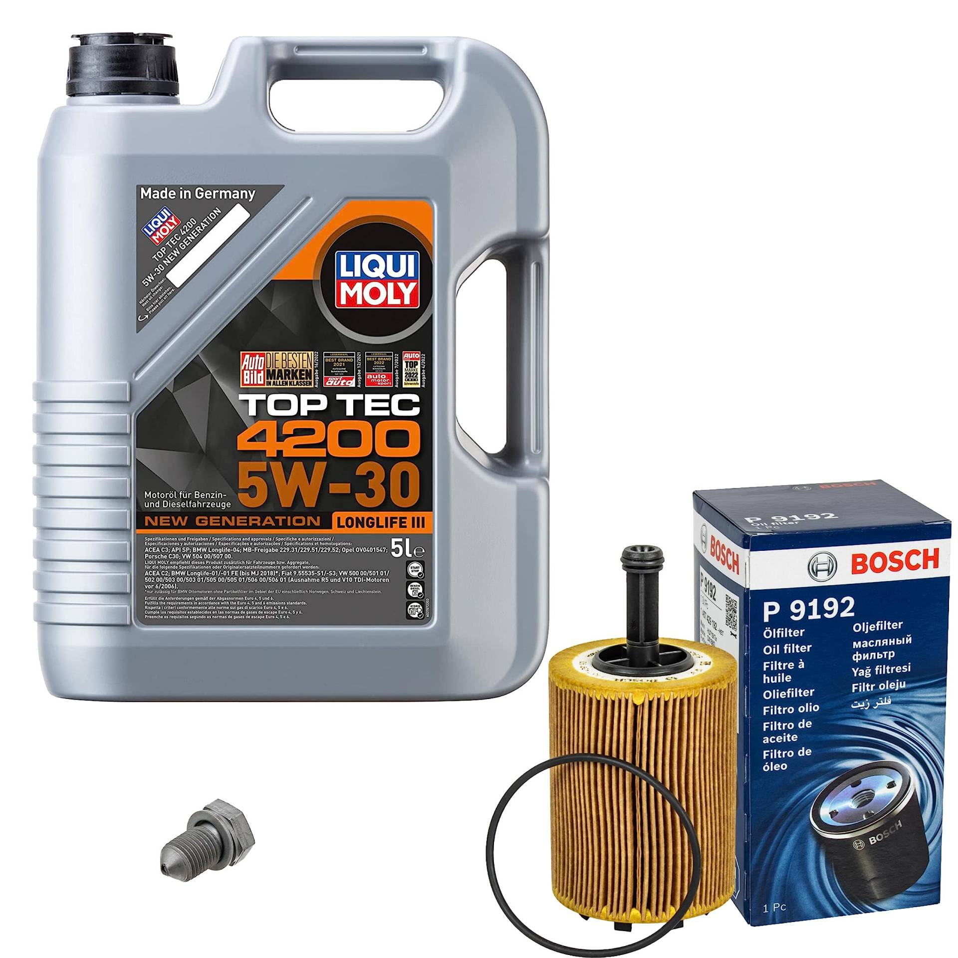 Inspektionspaket Wartungspaket Filterset mit 5 L Motoröl Top Tec 4200 5W-30, Ölfilter, Verschlussschraube Inspektionspaket Wartungspaket Filterset mit 5 L Motoröl Top Tec 4200 5W-30, Ölfilter, Verschlussschraube von EISENFELS