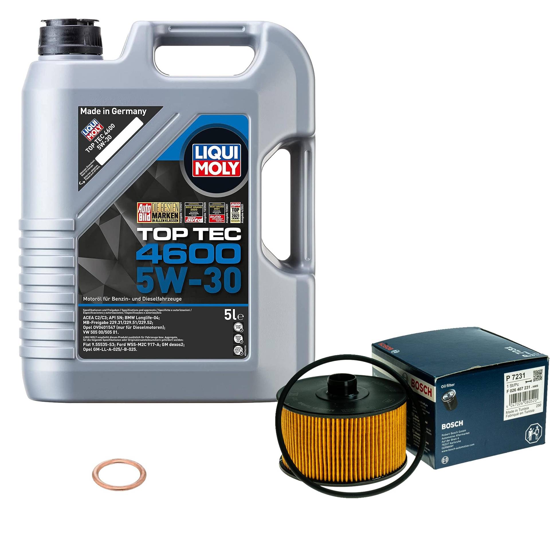 Inspektionspaket Wartungspaket Filterset mit 5 L Motoröl Top Tec 4600 5W-30, Ölfilter, Dichtring von EISENFELS