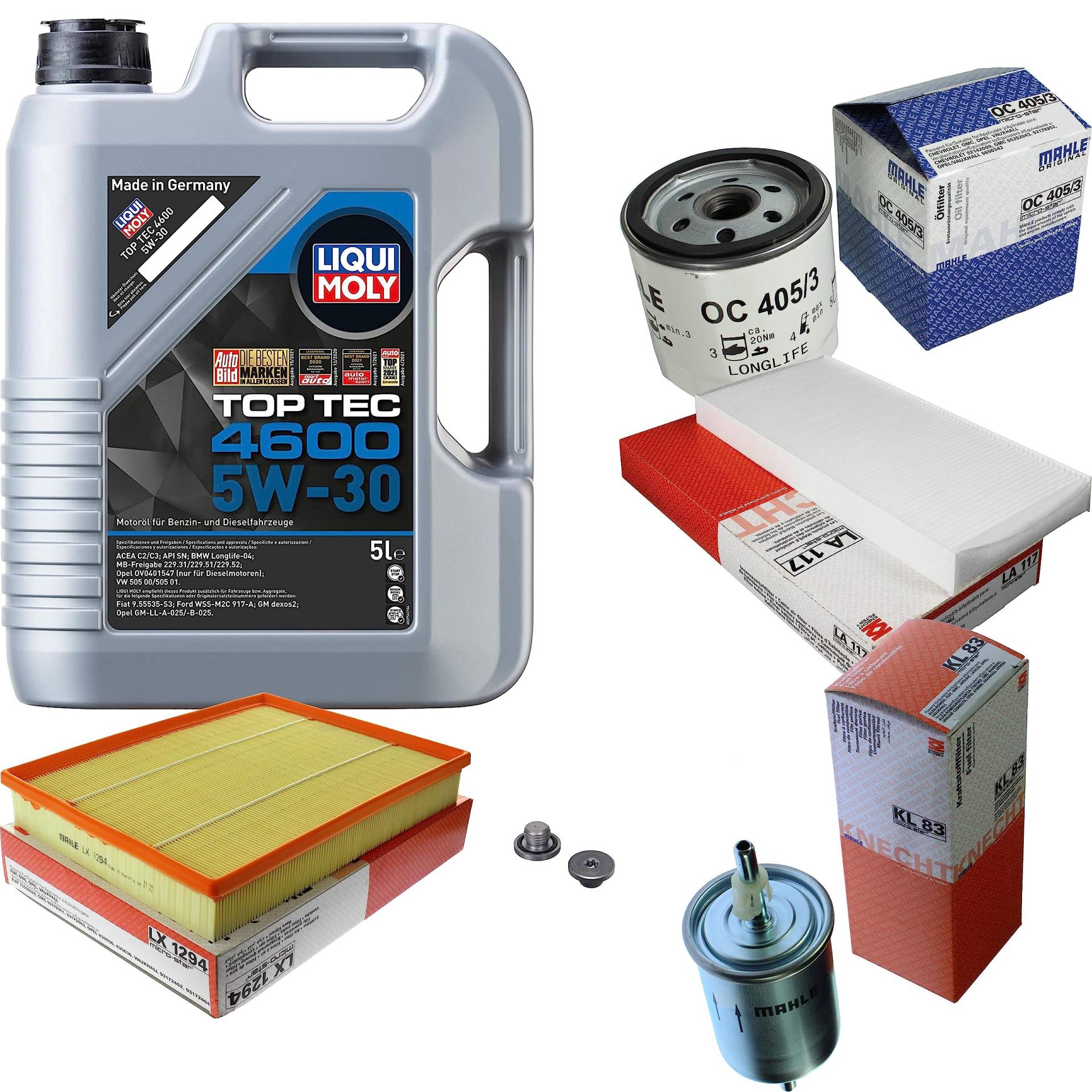 Inspektionspaket Wartungspaket Filterset mit 5 L Motoröl Top Tec 4600 5W-30, Ölfilter, Luftfilter, Kraftstofffilter, Innenraumfilter, Verschlussschraube Inspektionspaket Wartungspaket Filterset mit 5 L Motoröl Top Tec 4600 5W-30, Ölfilter, Luftfilter, Kraftstofffilter, Innenraumfilter, Verschlussschraube von EISENFELS