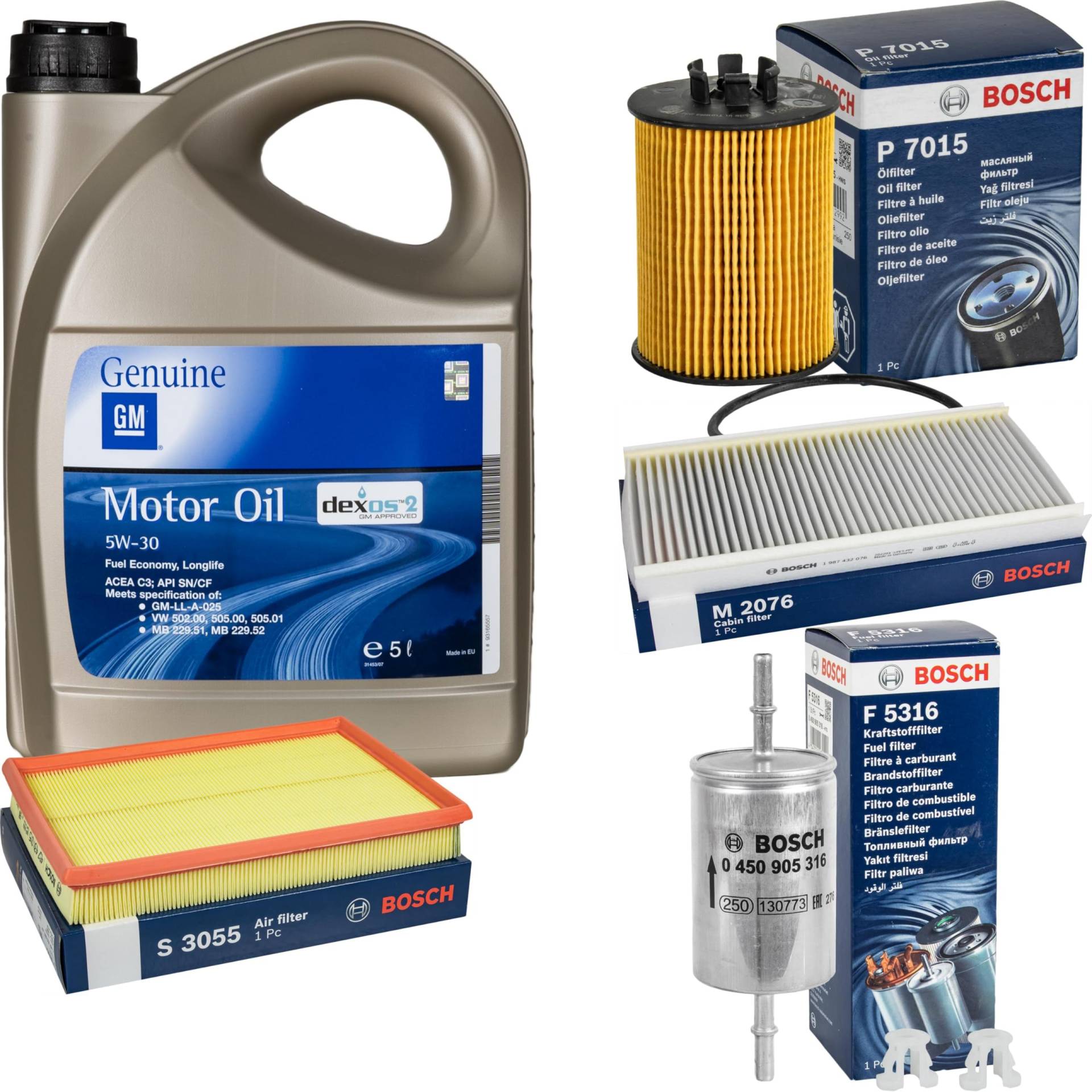 Inspektionspaket Wartungspaket Filterset mit 5L Motoröl 5W-30 Dexos2, Ölfilter, Luftfilter, Innenraumfilter, Kraftstofffilter Inspektionspaket Wartungspaket Filterset mit 5L Motoröl 5W-30 Dexos2, Ölfilter, Luftfilter, Innenraumfilter, Kraftstofffilter von EISENFELS