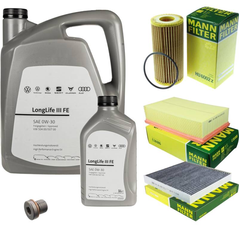 Inspektionspaket Wartungspaket Filterset mit 6 L 0W-30 Motoröl LongLife 3 FE, Ölfilter Luftfilter Innenraumfilter (Aktivkohle) Ölablassschraube von EISENFELS