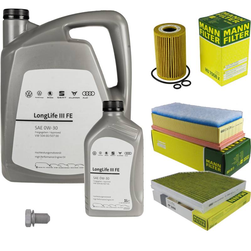 Inspektionspaket Wartungspaket Filterset mit 6 L 0W-30 Motoröl LongLife 3 FE, Ölfilter Luftfilter Innenraumfilter (Aktivkohle) Ölablassschraube von EISENFELS