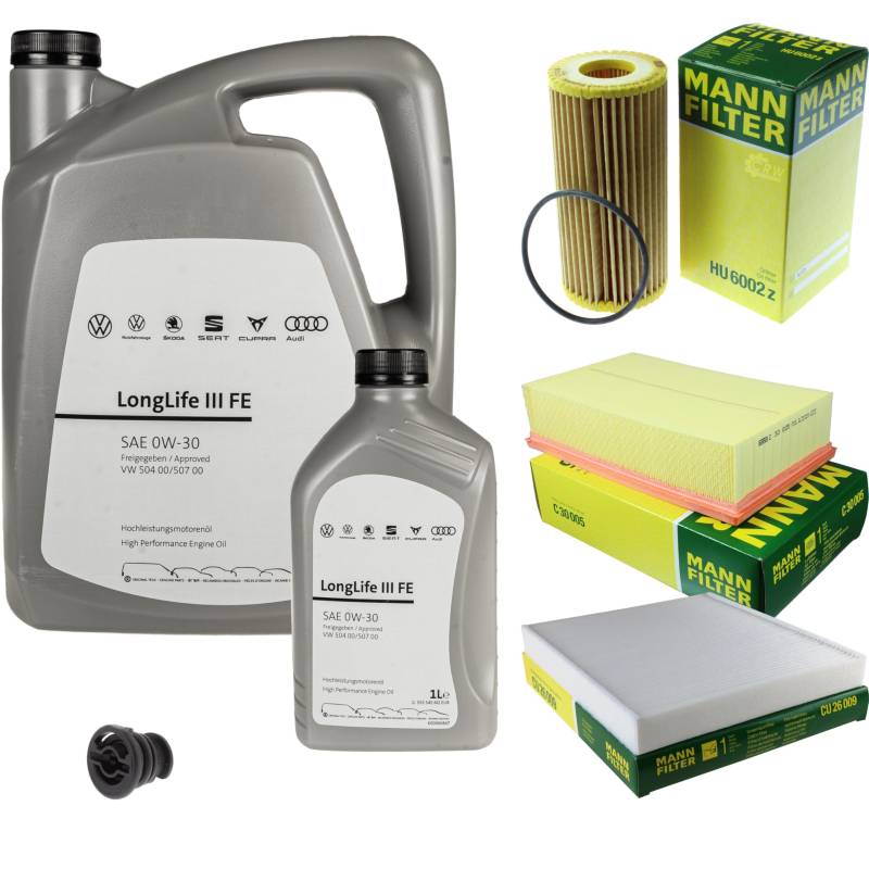 Inspektionspaket Wartungspaket Filterset mit 6 L 0W-30 Motoröl LongLife 3 FE, Ölfilter Luftfilter Innenraumfilter Ölablassschraube von EISENFELS