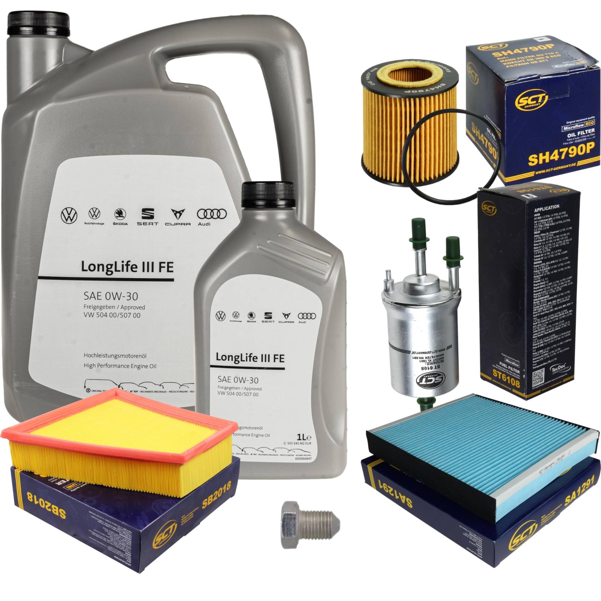 Inspektionspaket Wartungspaket Filterset mit 6 L 0W-30 Motoröl LongLife 3 FE, Ölfilter Luftfilter Kraftstofffilter Innenraumfilter Ölablassschraube Inspektionspaket Wartungspaket Filterset mit 6 L 0W-30 Motoröl LongLife 3 FE, Ölfilter Luftfilter Kraftstofffilter Innenraumfilter Ölablassschraube von EISENFELS