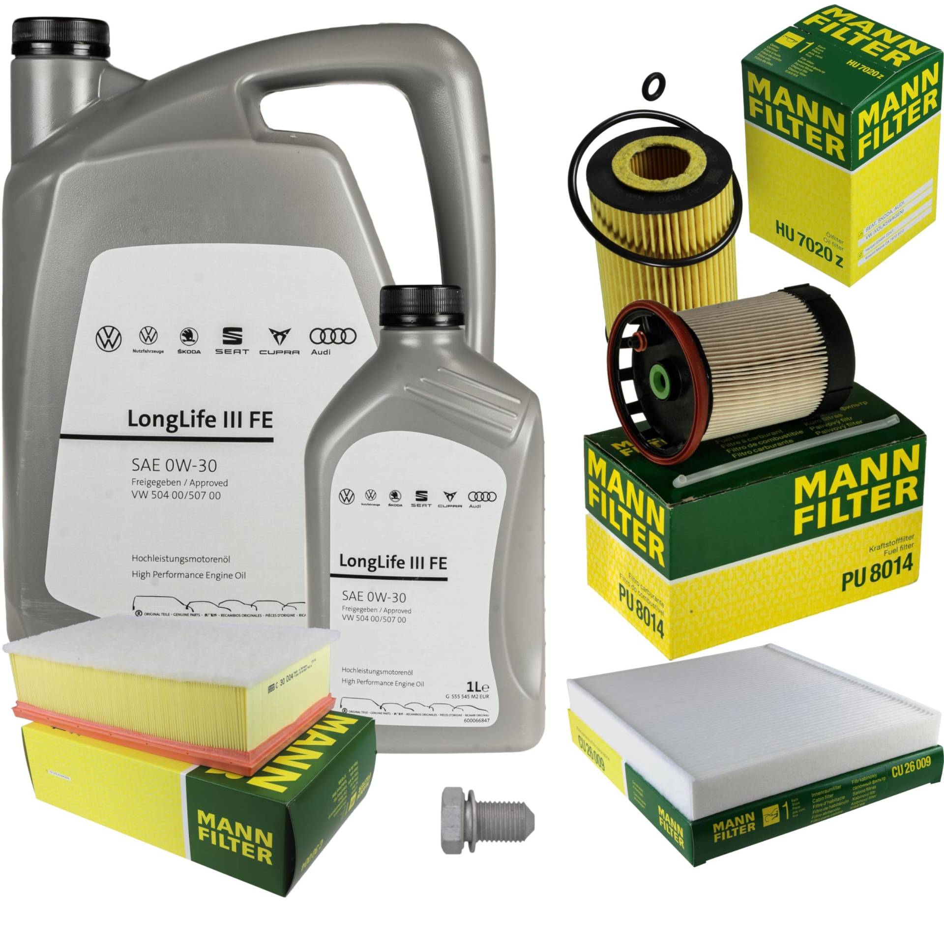 Inspektionspaket Wartungspaket Filterset mit 6 L 0W-30 Motoröl LongLife 3 FE, Ölfilter Luftfilter Kraftstofffilter Innenraumfilter Ölablassschraube von EISENFELS