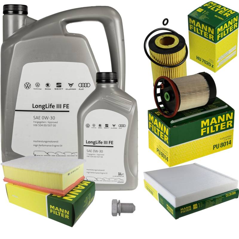 Inspektionspaket Wartungspaket Filterset mit 6 L 0W-30 Motoröl LongLife 3 FE, Ölfilter Luftfilter Kraftstofffilter Innenraumfilter Ölablassschraube von EISENFELS