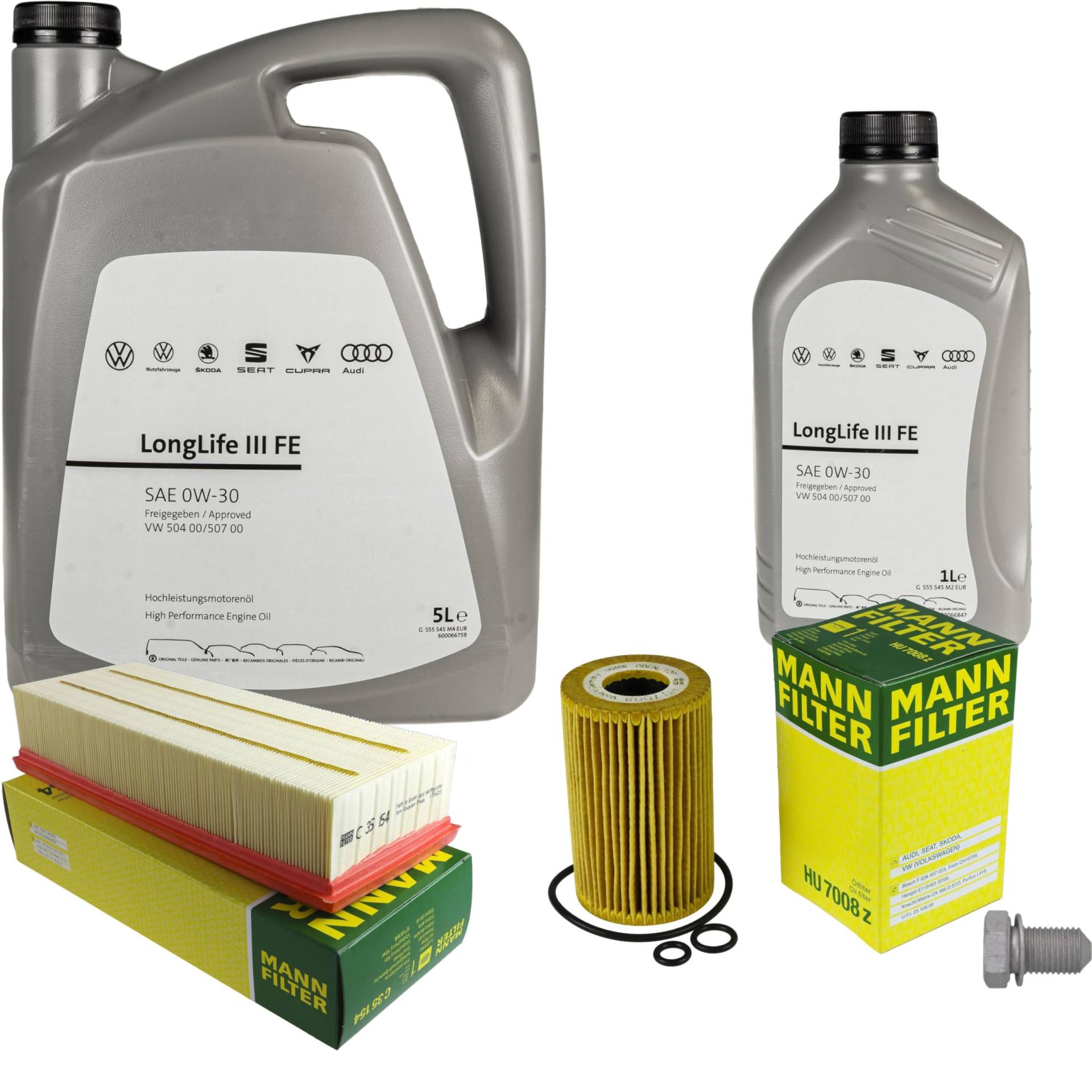 Inspektionspaket Wartungspaket Filterset mit 6 L 0W-30 Motoröl LongLife 3 FE, Ölfilter Luftfilter Ölablassschraube Inspektionspaket Wartungspaket Filterset mit 6 L 0W-30 Motoröl LongLife 3 FE, Ölfilter Luftfilter Ölablassschraube von EISENFELS