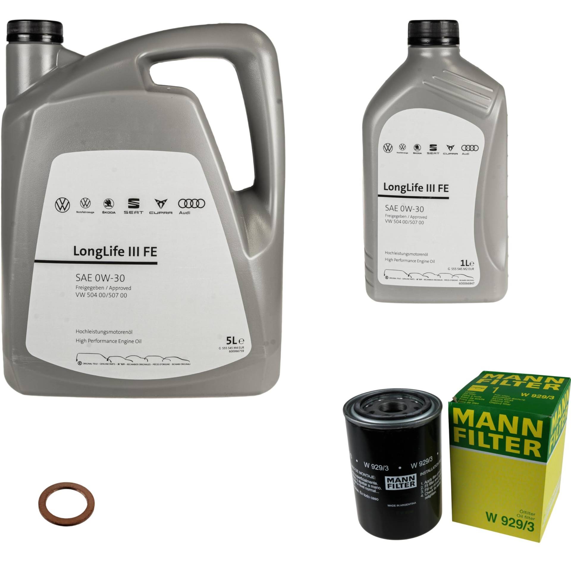 Inspektionspaket Wartungspaket Filterset mit 6 L 0W-30 Motoröl LongLife 3 FE, Ölfilter Ölablassschraube-Dichtring Inspektionspaket Wartungspaket Filterset mit 6 L 0W-30 Motoröl LongLife 3 FE, Ölfilter Ölablassschraube-Dichtring von EISENFELS