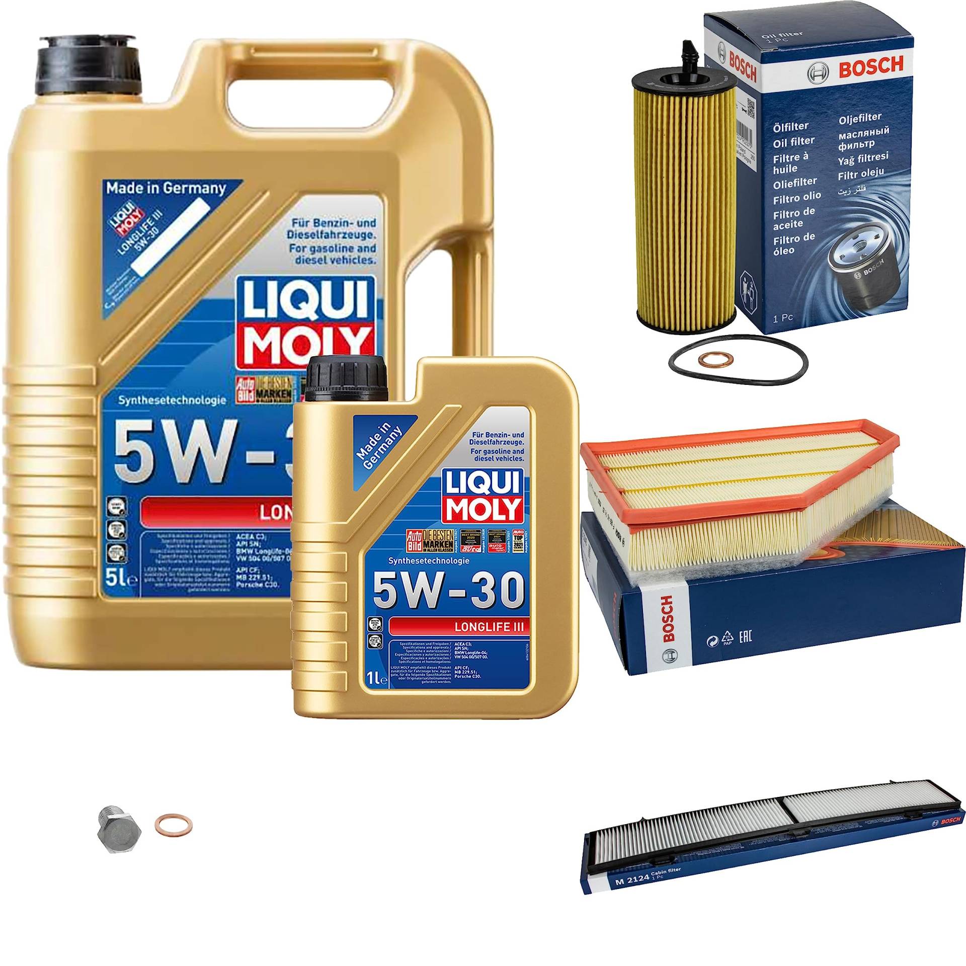 Inspektionspaket Wartungspaket Filterset mit 6 L Motoröl Longlife 3 5W-30, Ölfilter, Luftfilter, Innenraumfilter, Verschlussschraube Inspektionspaket Wartungspaket Filterset mit 6 L Motoröl Longlife 3 5W-30, Ölfilter, Luftfilter, Innenraumfilter, Verschlussschraube von EISENFELS
