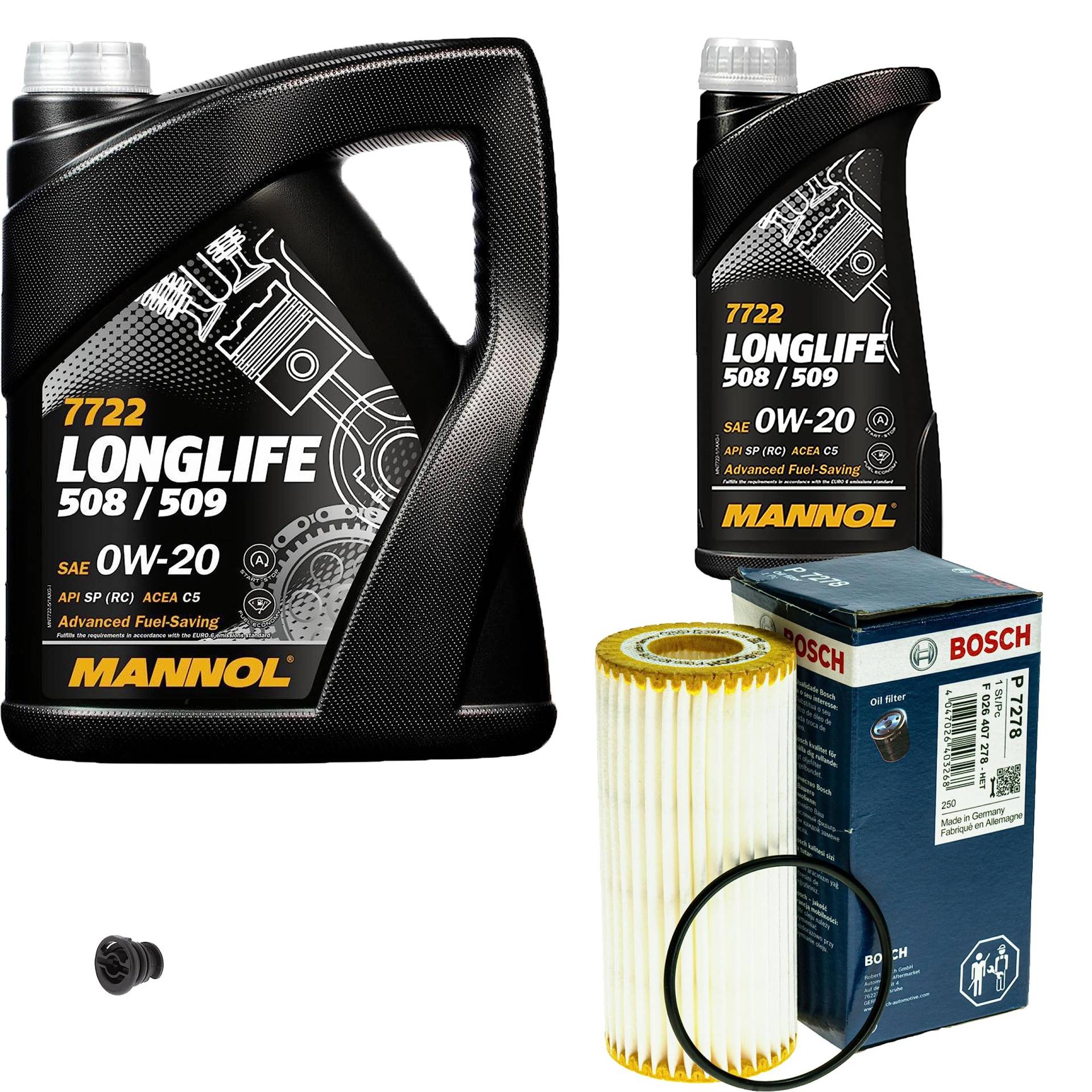 Inspektionspaket Wartungspaket Filterset mit 6 L Motoröl Longlife 508/509 0W-20, Ölfilter, Verschlussschraube von EISENFELS