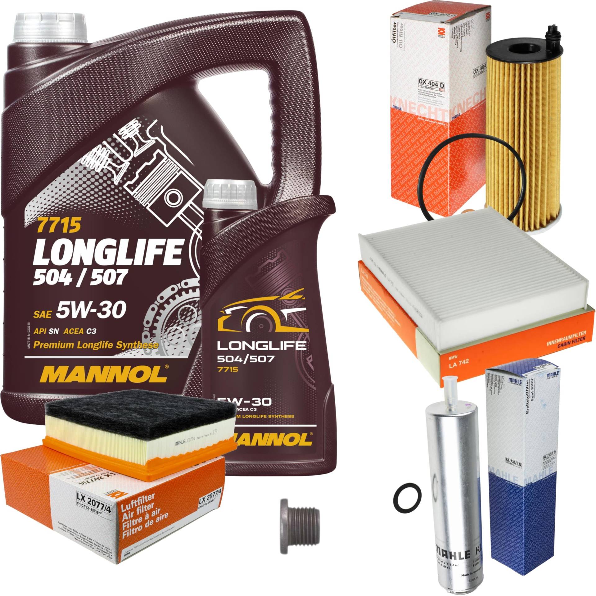 Inspektionspaket Wartungspaket Filterset mit 6 L Motoröl Longlife 5W-30, Ölfilter, Luftfilter, Kraftstofffilter, Innenraumfilter, Verschlussschraube Inspektionspaket Wartungspaket Filterset mit 6 L Motoröl Longlife 5W-30, Ölfilter, Luftfilter, Kraftstofffilter, Innenraumfilter, Verschlussschraube von EISENFELS