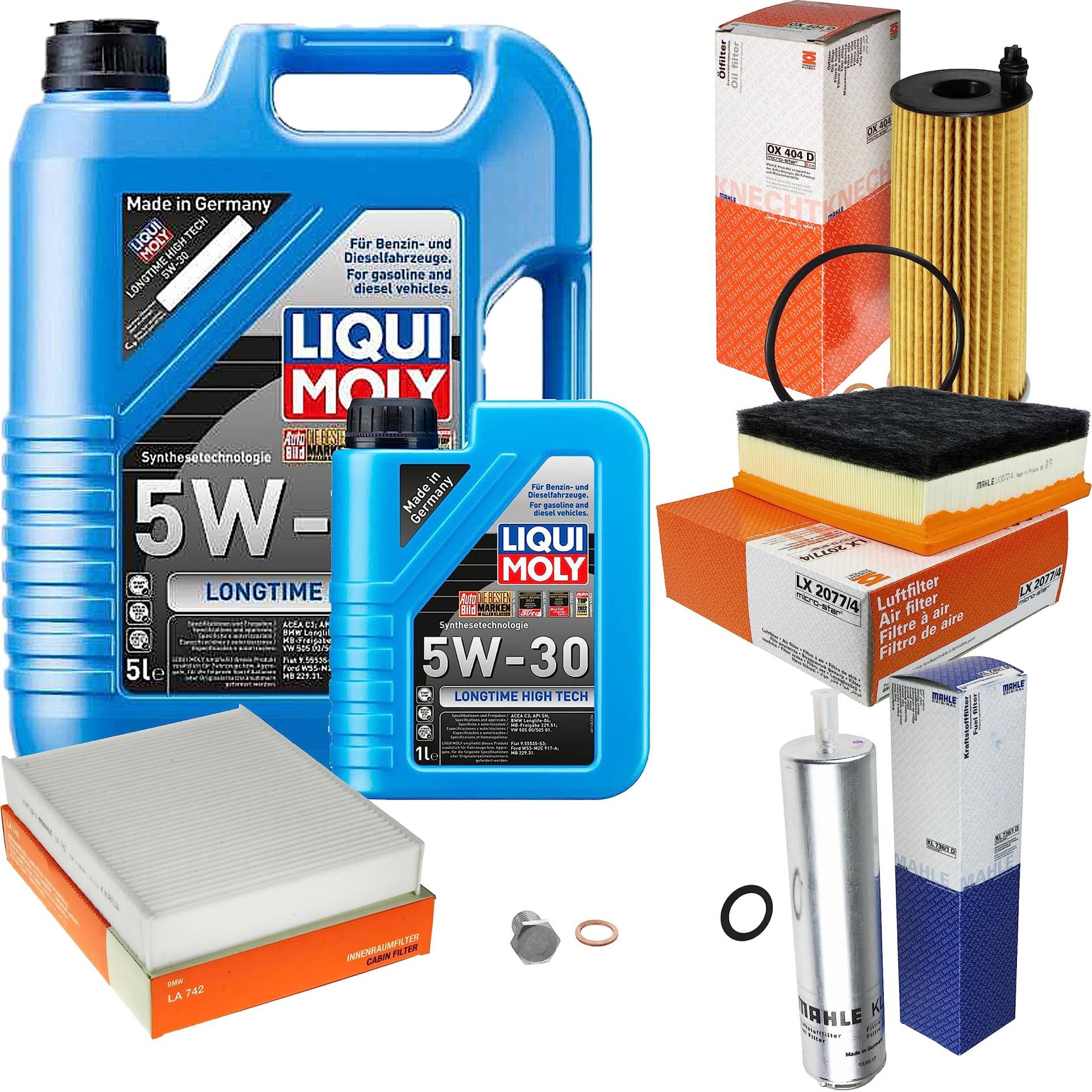 Inspektionspaket Wartungspaket Filterset mit 6 L Motoröl Longtime High Tech 5W-30, Ölfilter, Luftfilter, Kraftstofffilter, Innenraumfilter, Verschlussschraube Inspektionspaket Wartungspaket Filterset mit 6 L Motoröl Longtime High Tech 5W-30, Ölfilter, Luftfilter, Kraftstofffilter, Innenraumfilter, Verschlussschraube von EISENFELS