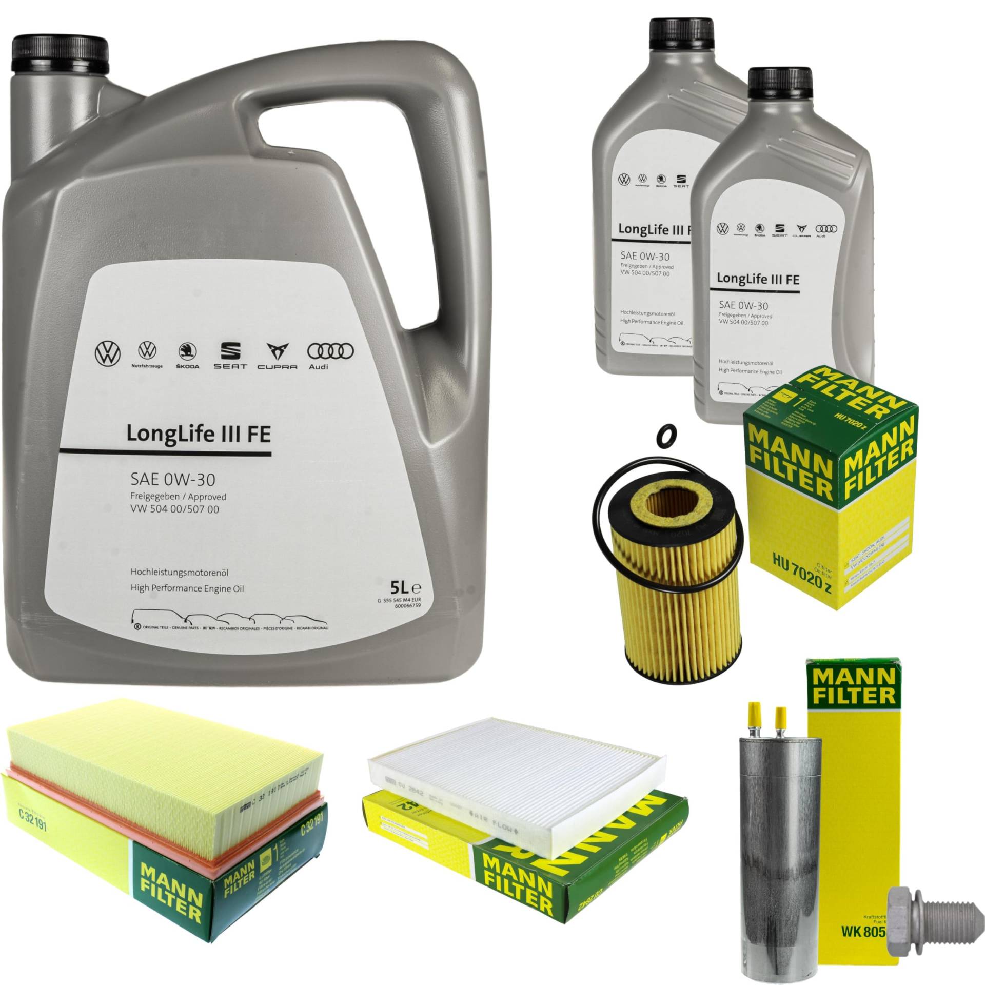 Inspektionspaket Wartungspaket Filterset mit 7 L 0W-30 Motoröl LongLife 3 FE, Ölfilter, Luftfilter, Kraftstofffilter, Innenraumfilter, Verschlussschraube Inspektionspaket Wartungspaket Filterset mit 7 L 0W-30 Motoröl LongLife 3 FE, Ölfilter, Luftfilter, Kraftstofffilter, Innenraumfilter, Verschlussschraube von EISENFELS