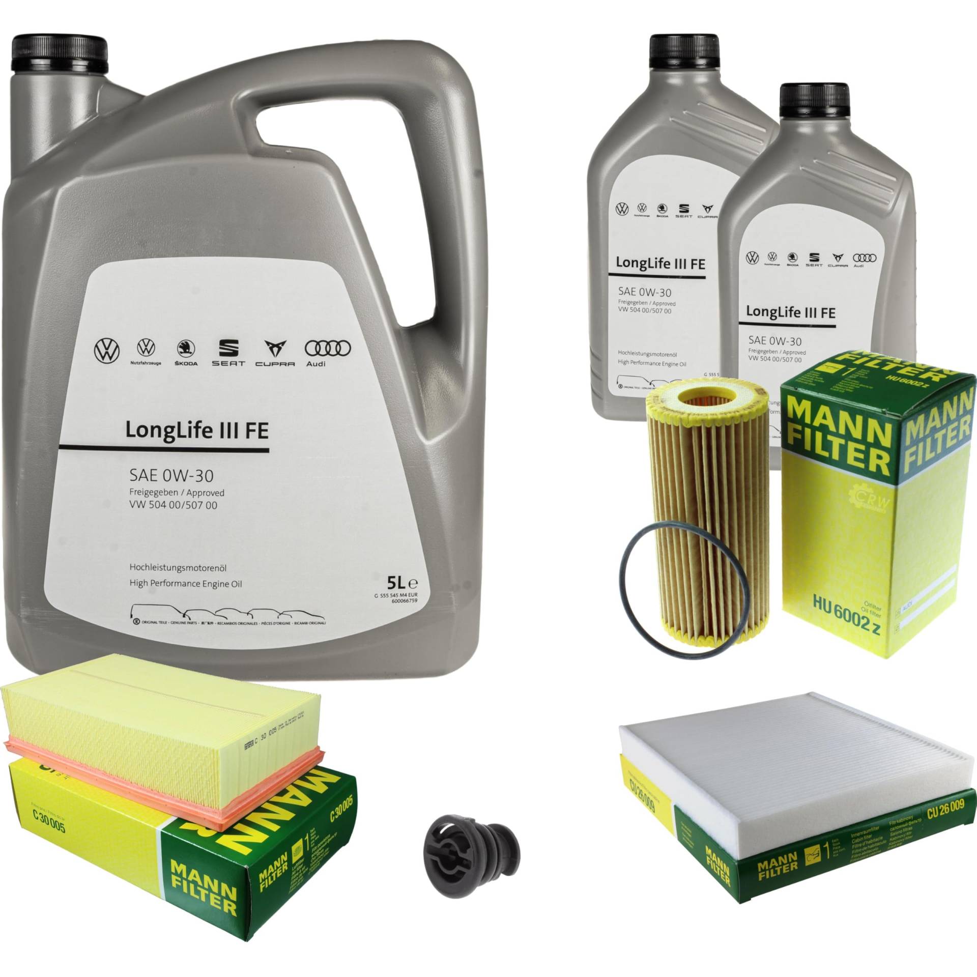 Inspektionspaket Wartungspaket Filterset mit 7 L 0W-30 Motoröl LongLife 3 FE, Ölfilter Luftfilter Innenraumfilter Ölablassschraube Inspektionspaket Wartungspaket Filterset mit 7 L 0W-30 Motoröl LongLife 3 FE, Ölfilter Luftfilter Innenraumfilter Ölablassschraube von EISENFELS