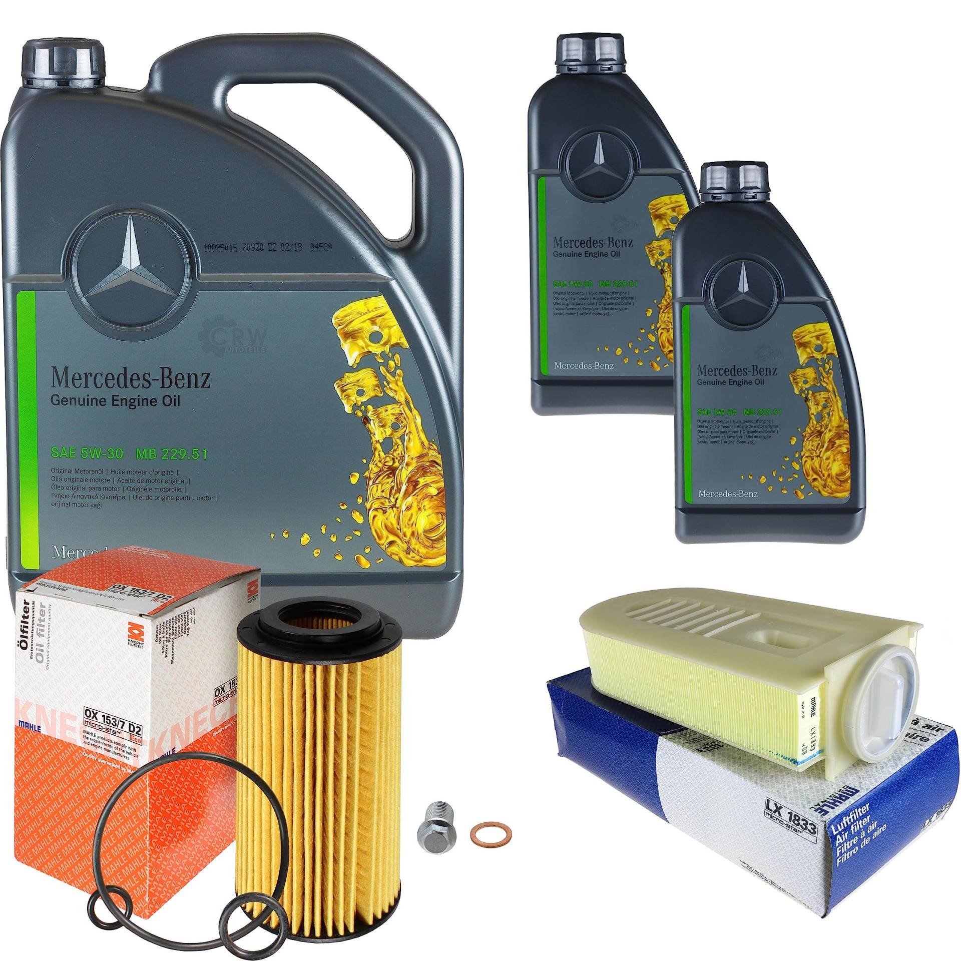 Inspektionspaket Wartungspaket Filterset mit 7 L Motoröl MB 229.51 5W-30, Ölfilter, Luftfilter, Verschlussschraube von EISENFELS