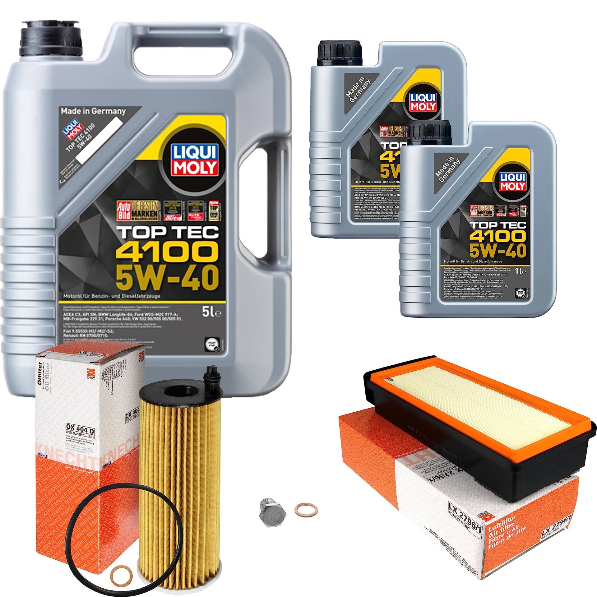 Inspektionspaket Wartungspaket Filterset mit 7 L Motoröl Top Tec 4100 5W-40, Ölfilter, Luftfilter, Verschlussschraube Inspektionspaket Wartungspaket Filterset mit 7 L Motoröl Top Tec 4100 5W-40, Ölfilter, Luftfilter, Verschlussschraube von EISENFELS