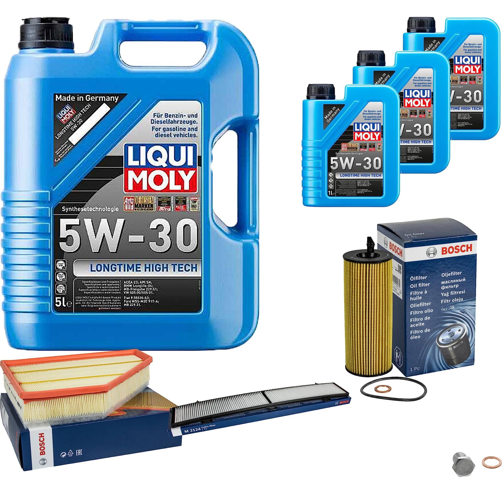 Inspektionspaket Wartungspaket Filterset mit 8 L Motoröl Longtime High Tech 5W-30, Ölfilter, Luftfilter, Innenraumfilter, Verschlussschraube Inspektionspaket Wartungspaket Filterset mit 8 L Motoröl Longtime High Tech 5W-30, Ölfilter, Luftfilter, Innenraumfilter, Verschlussschraube von EISENFELS