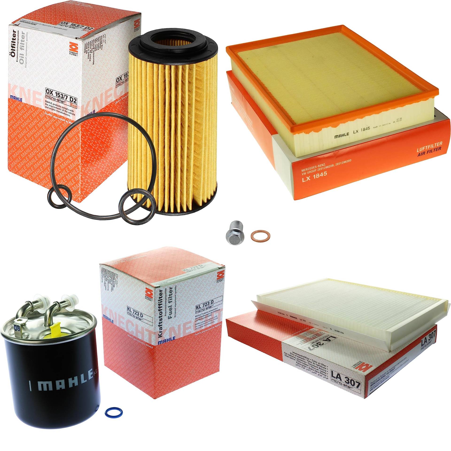 Inspektionspaket Wartungspaket Filterset mit Ölfilter OX 153/7D2, Luftfilter LX 1845, Kraftstofffilter KL 723D, Innenraumfilter LA 307, Verschlussschraube Inspektionspaket Wartungspaket Filterset mit Ölfilter OX 153/7D2, Luftfilter LX 1845, Kraftstofffilter KL 723D, Innenraumfilter LA 307, Verschlussschraube von EISENFELS
