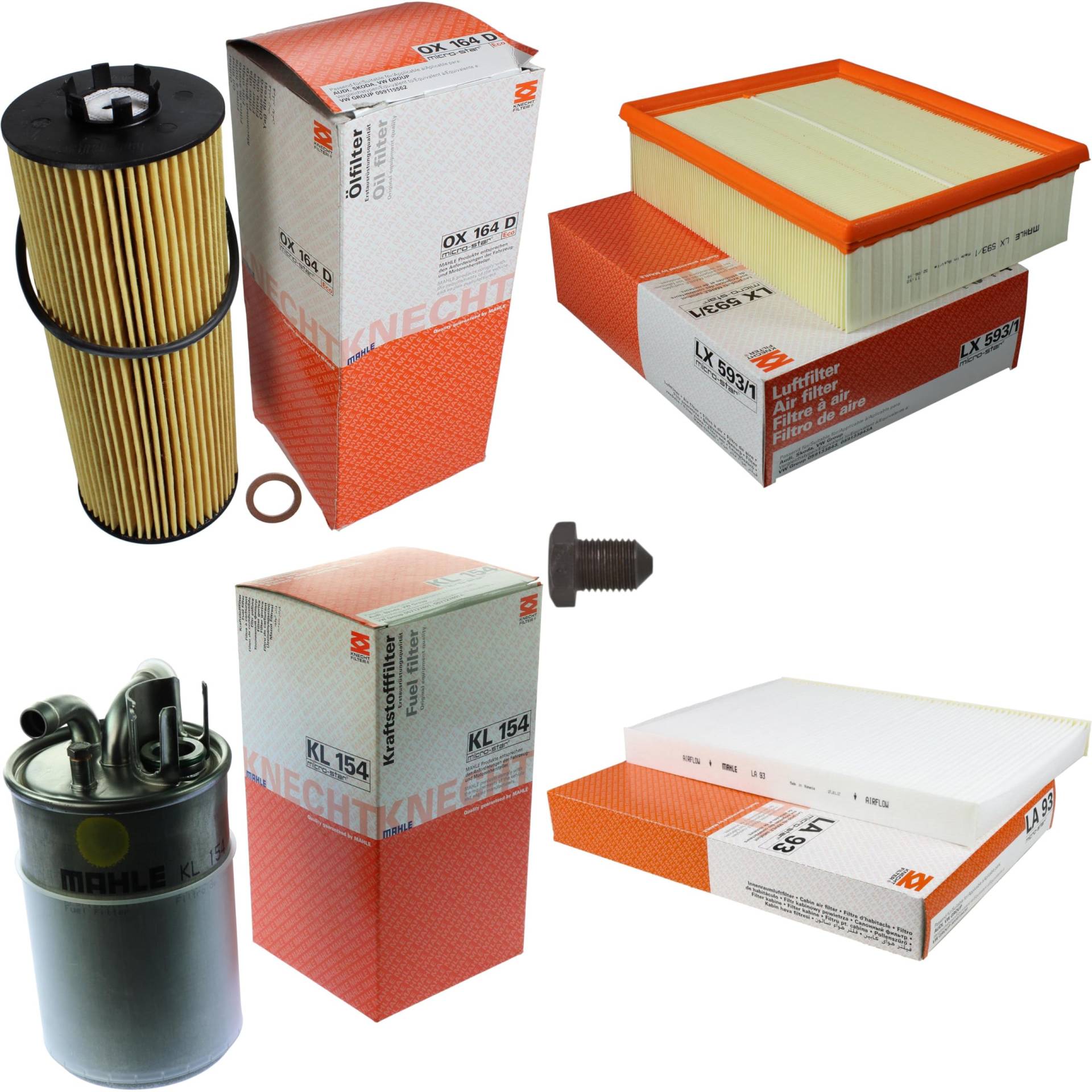 Inspektionspaket Wartungspaket Filterset mit Ölfilter OX 164D, Luftfilter LX 593/1, Kraftstofffilter KL 154, Innenraumfilter LA 93, Verschlussschraube Inspektionspaket Wartungspaket Filterset mit Ölfilter OX 164D, Luftfilter LX 593/1, Kraftstofffilter KL 154, Innenraumfilter LA 93, Verschlussschraube von EISENFELS